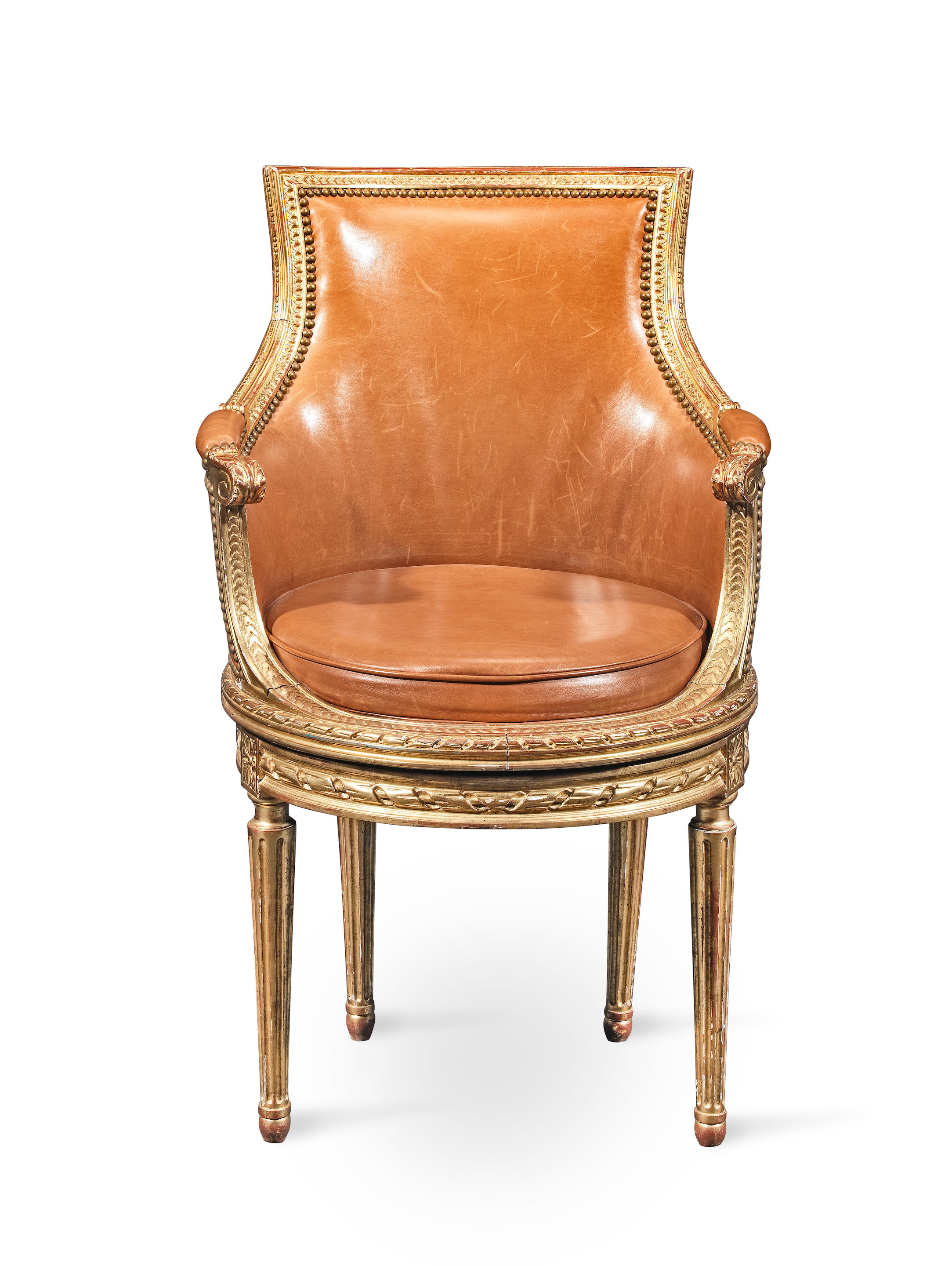 A FRENCH 19TH CENTURY GILTWOOD FAUTEUIL DE BUREAU in the