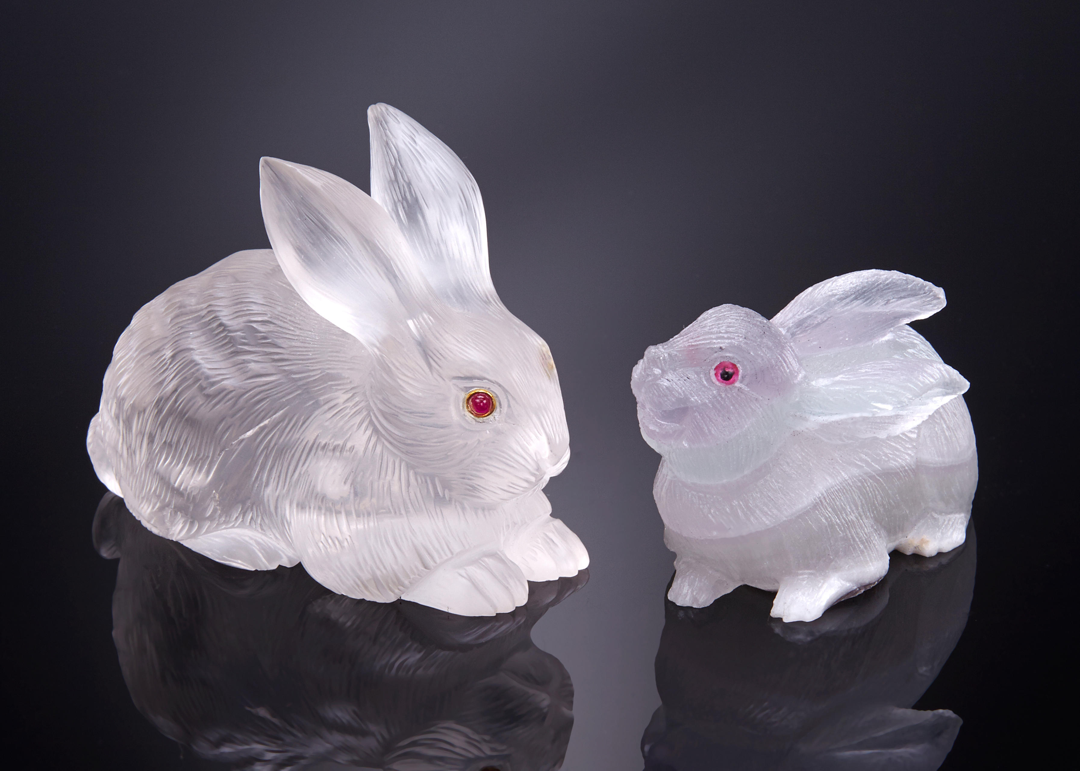TWO GEMSTONE CARVINGS OF BUNNIES By Manfred Wild Idar Oberstein