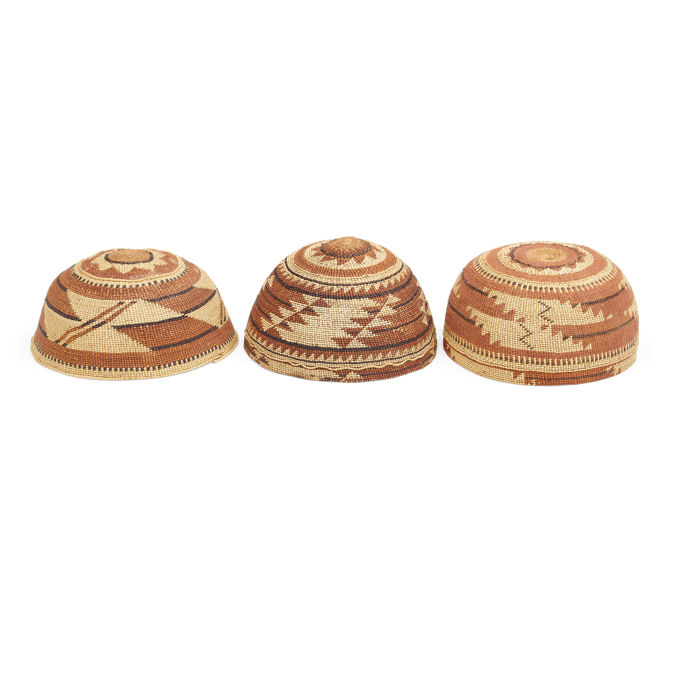 THREE NORTHWEST CALIFORNIA BASKETRY HATS Each a polychrome example of