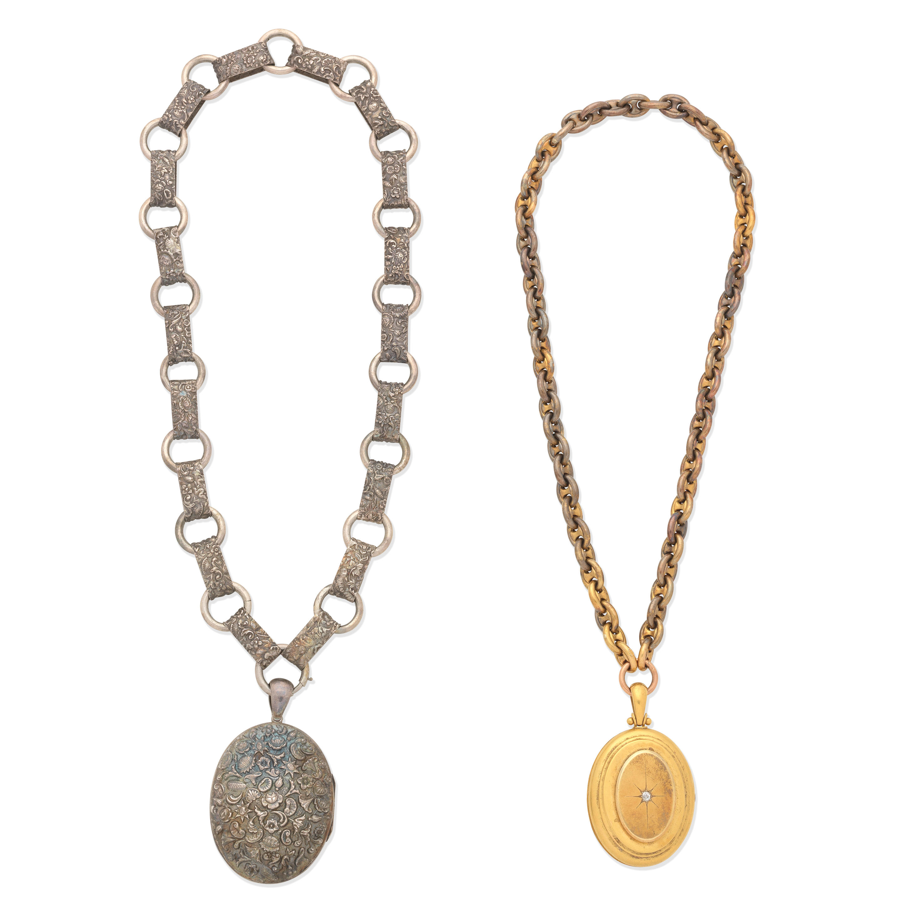 GOLD AND DIAMOND SET LOCKET NECKLACE AND A SILVER LOCKET