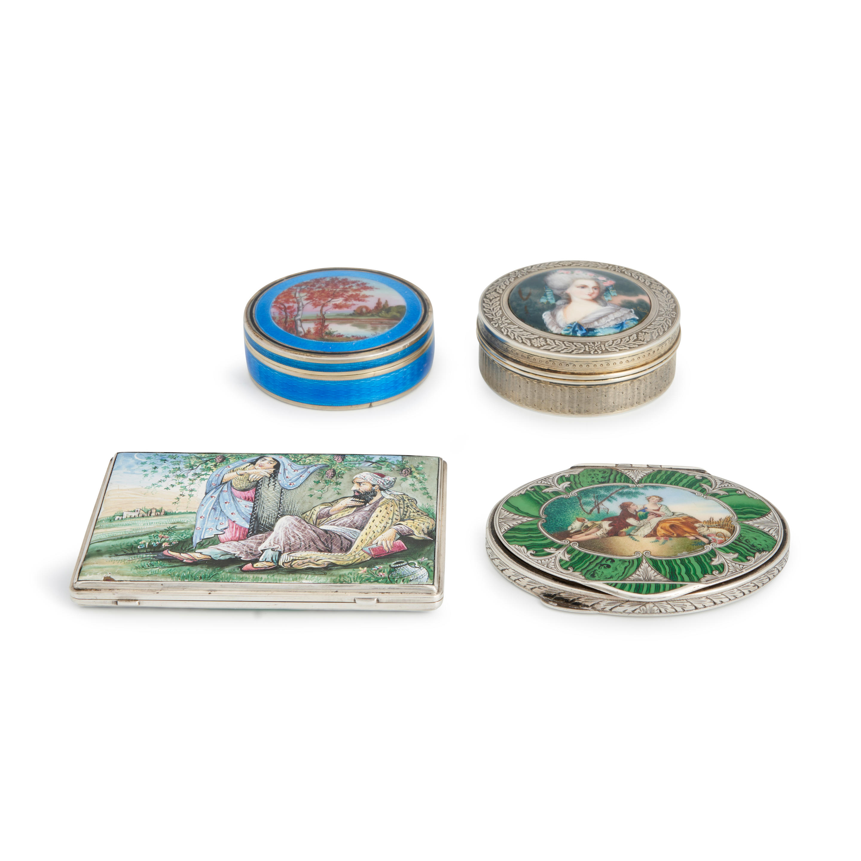FOUR ENAMELED SILVER BOXES early 20th century includes two French