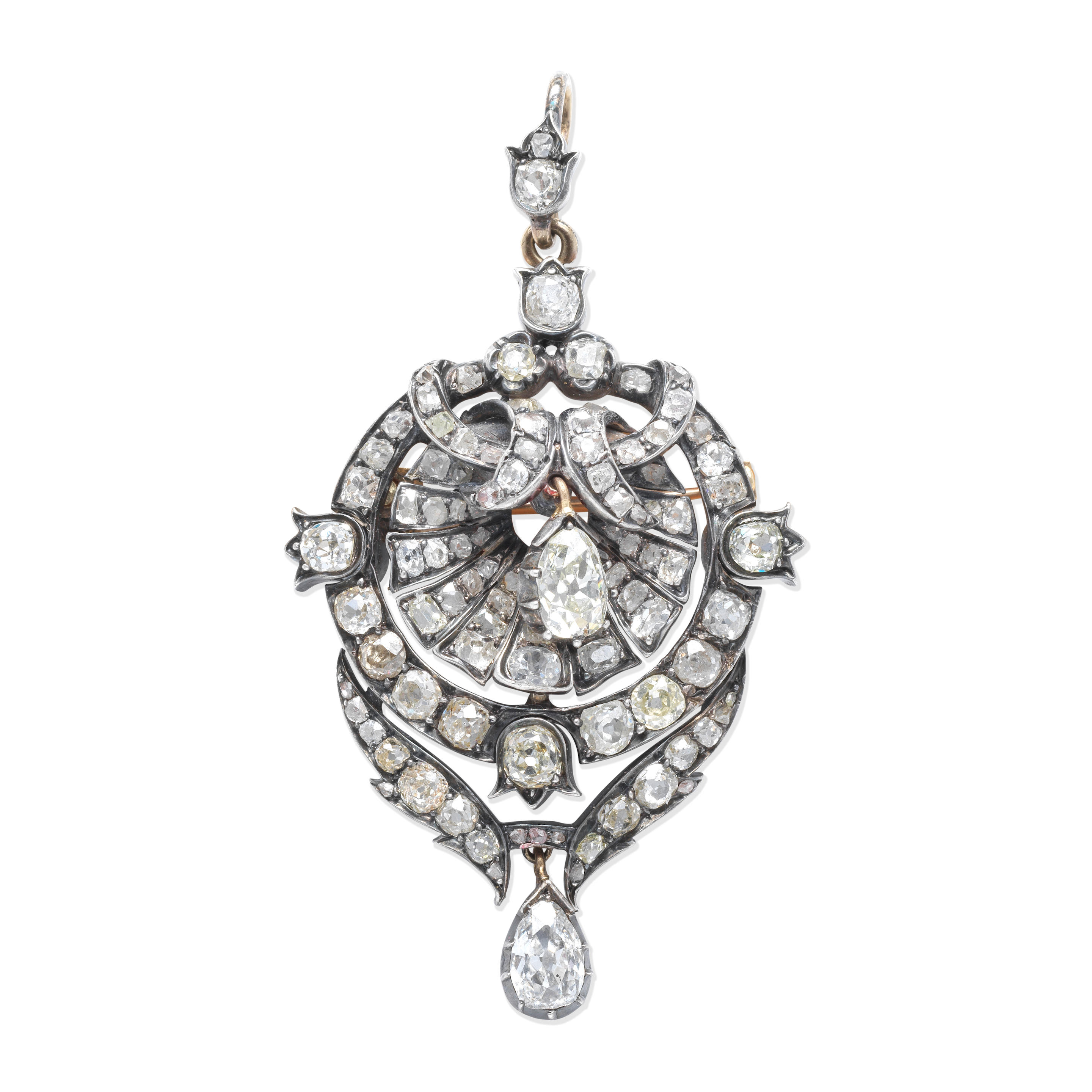 DIAMOND BROOCH PENDANT MID 19TH CENTURY Of openwork design with