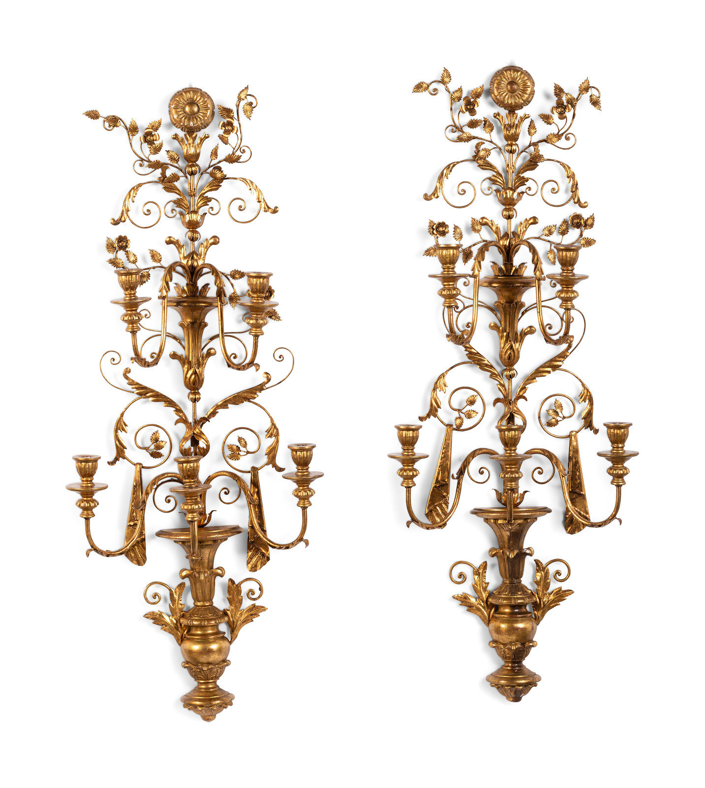 A Pair of Rococo Style Five Light Giltwood and Gilt