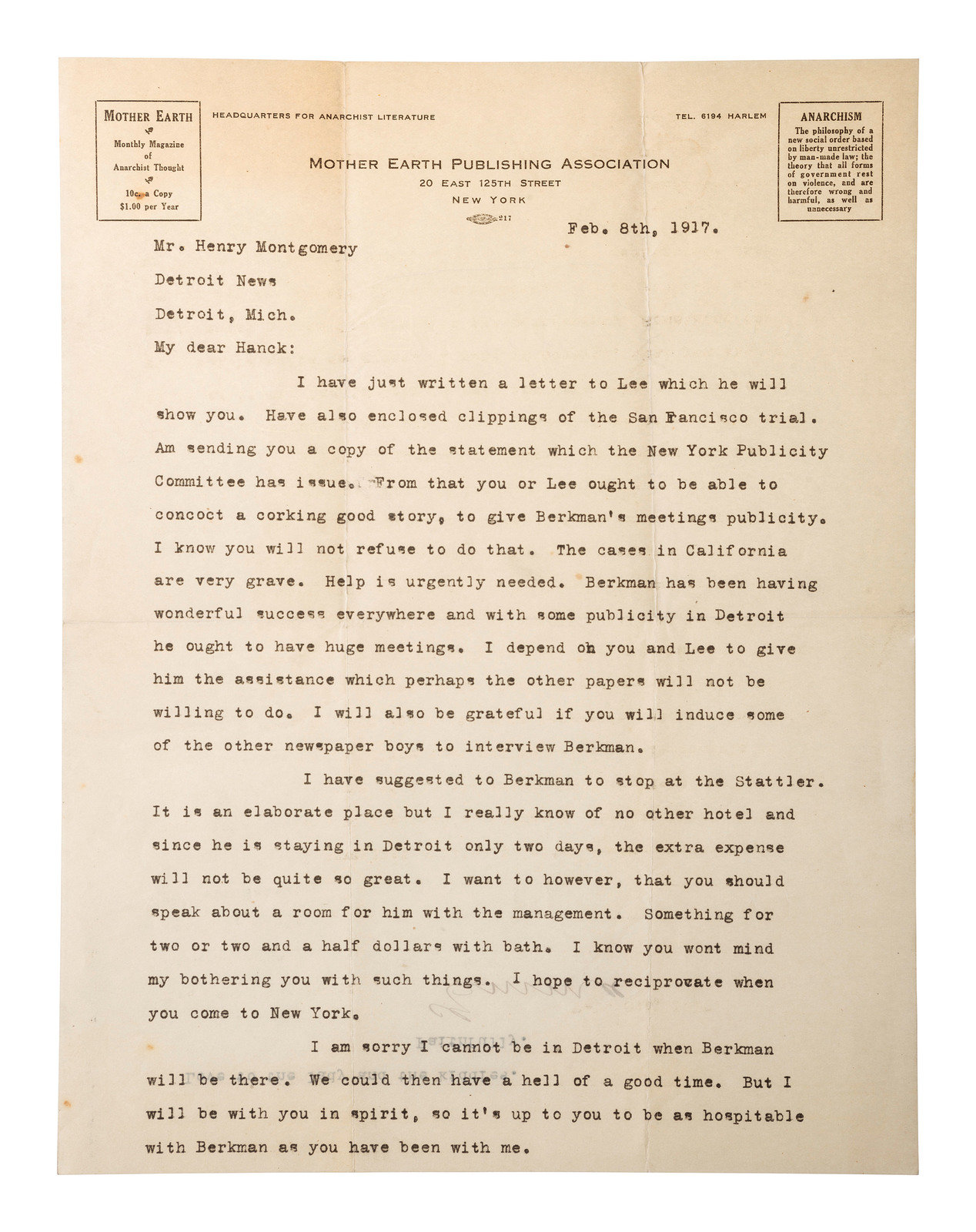 ANARCHISM GOLDMAN Emma 1869 1940 Typed letter signed Emma to