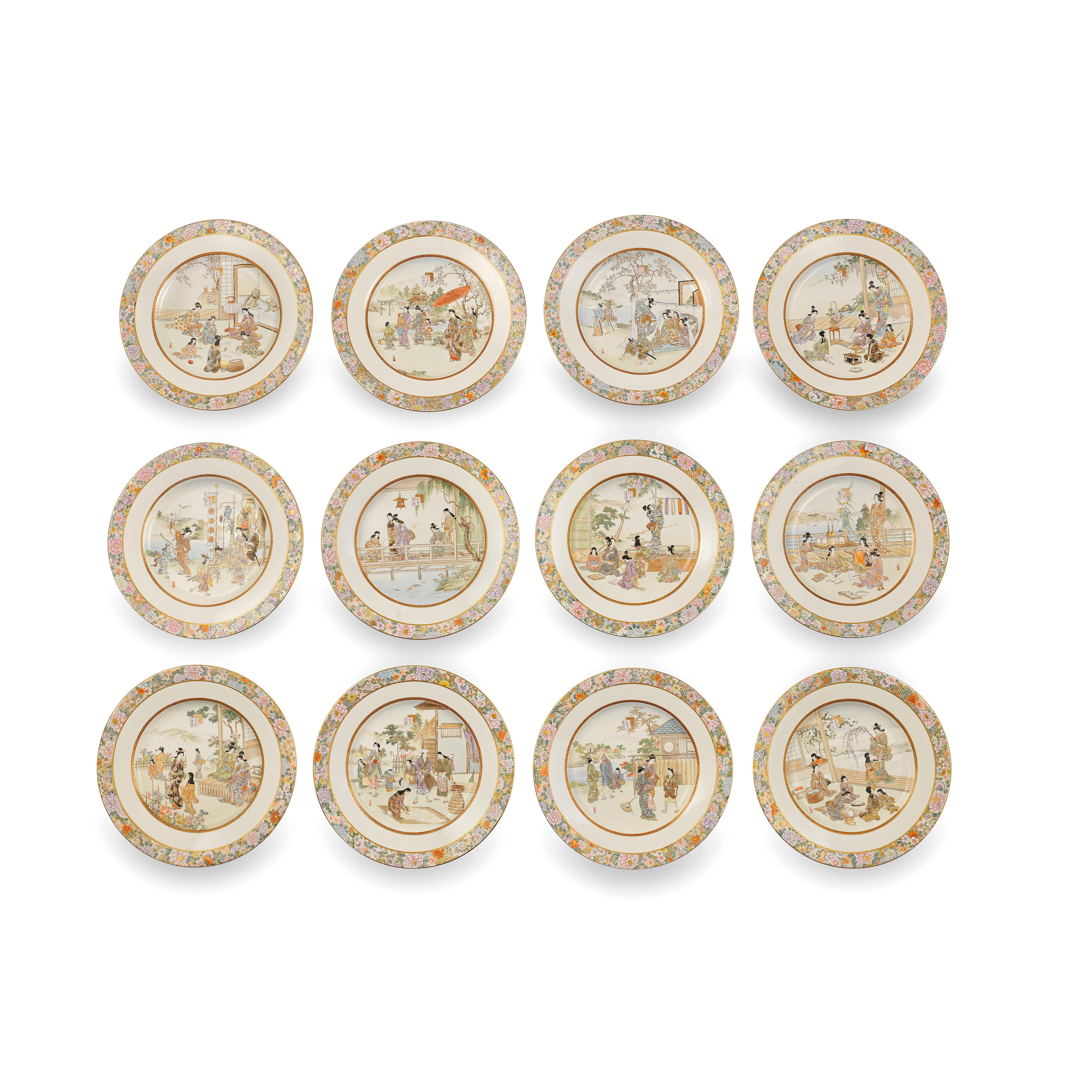 A SET OF FINE SATSUMA MONTH PLATES By Kinkozan Meiji
