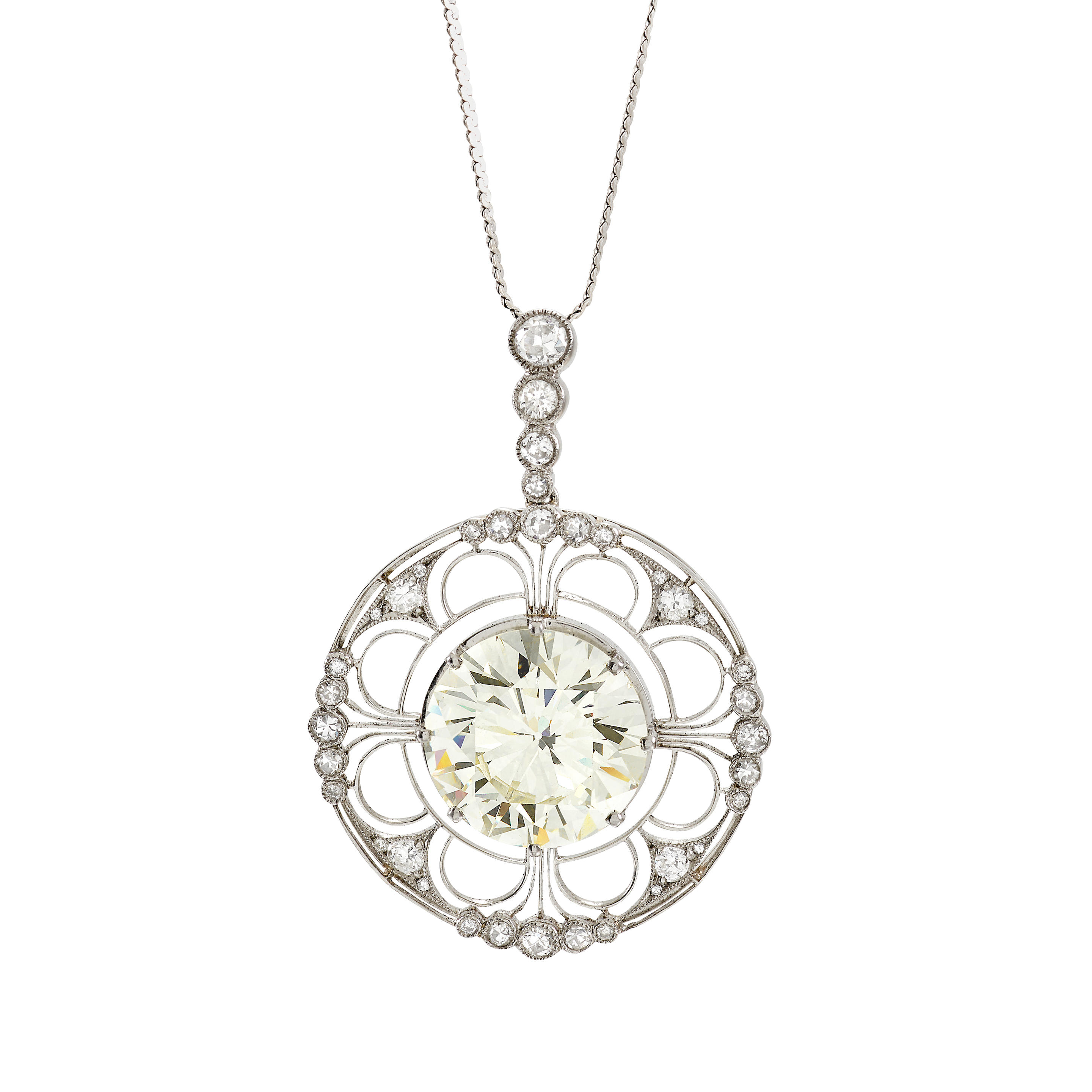 A DIAMOND PENDANT NECKLACE FRANCE The pendant centering a round