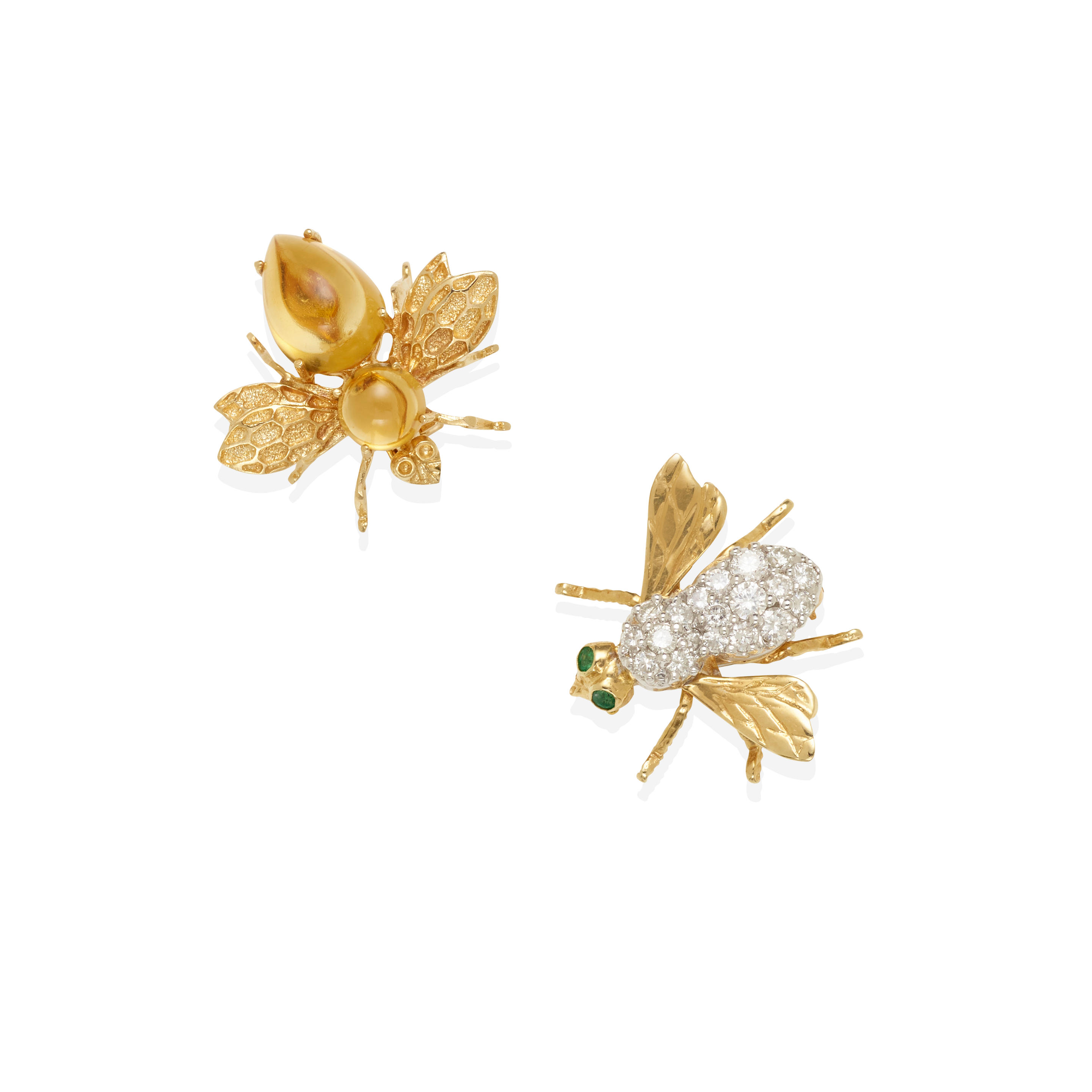 TWO 14K GOLD AND GEM SET BEE BROOCHES One set