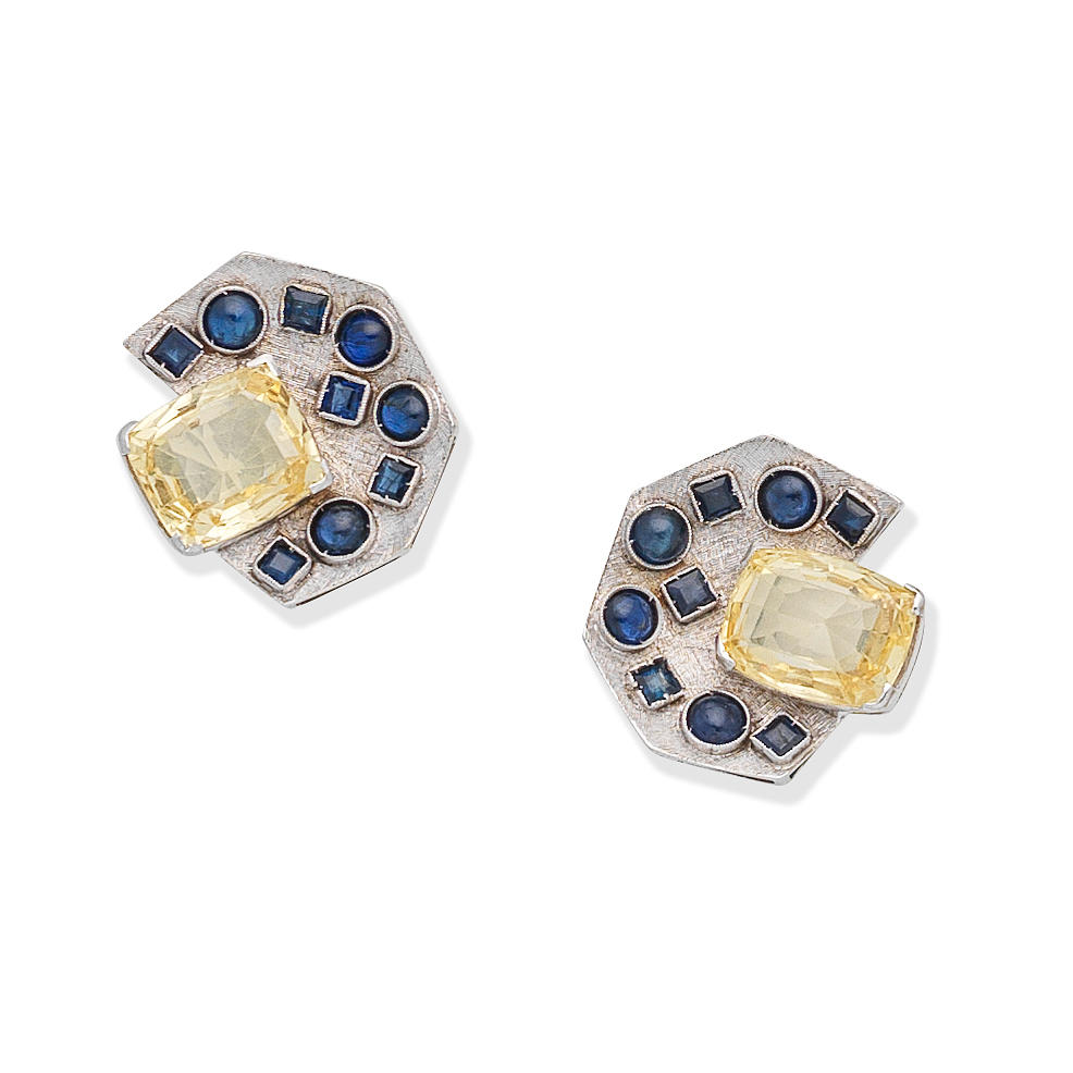 SAPPHIRE AND FANCY COLOURED SAPPHIRE EARCLIPS Each centrally set with