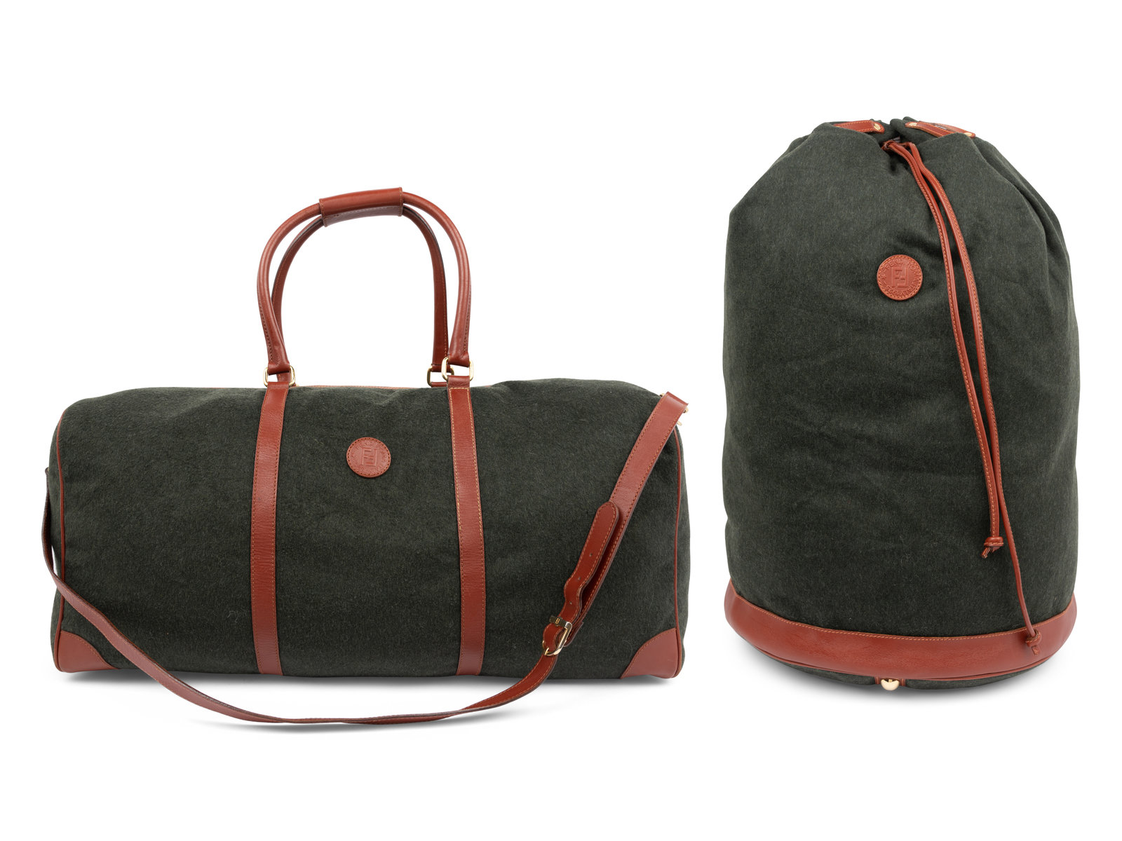 Two Fendi Leather Trimmed Wool Duffel Bags 1980 90s These