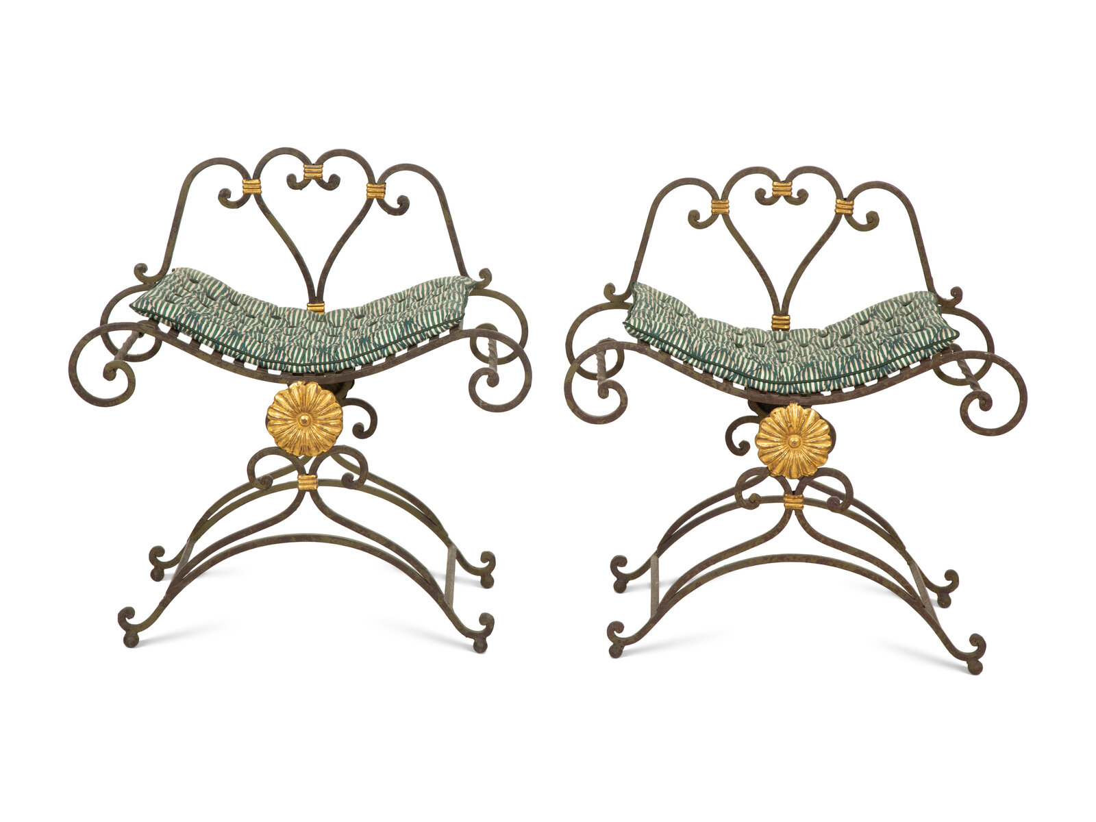 A Pair of Painted and Parcel Gilt Iron Curule Stools