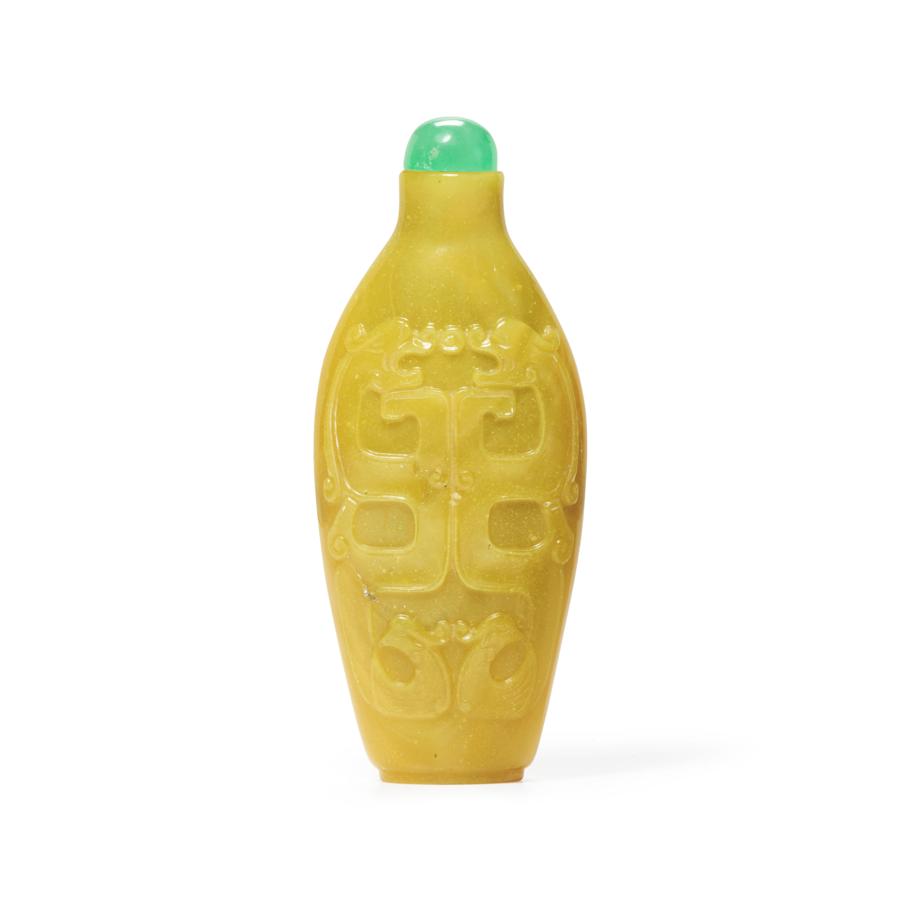 AN IMPERIAL YELLOW GLASS CHILONG AND PHOENIX BOTTLE Attributed to