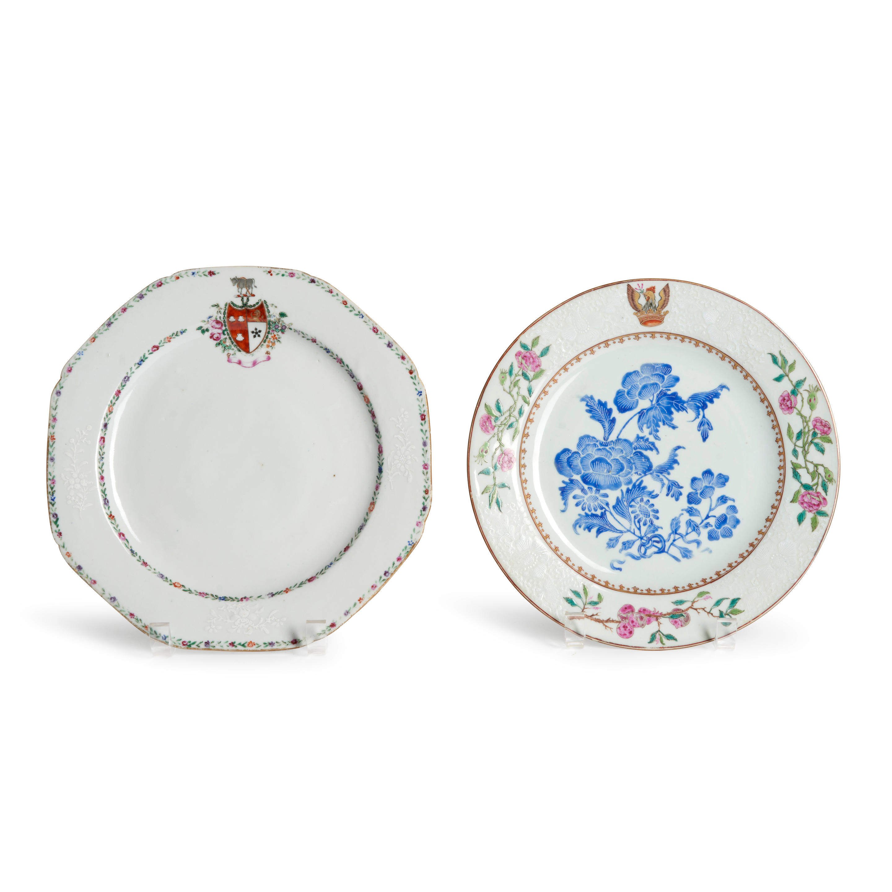 TWO ARMORIAL PORCELAIN PLATES WITH OPAQUE WHITE ENAMEL DECORATION Jingdezhen