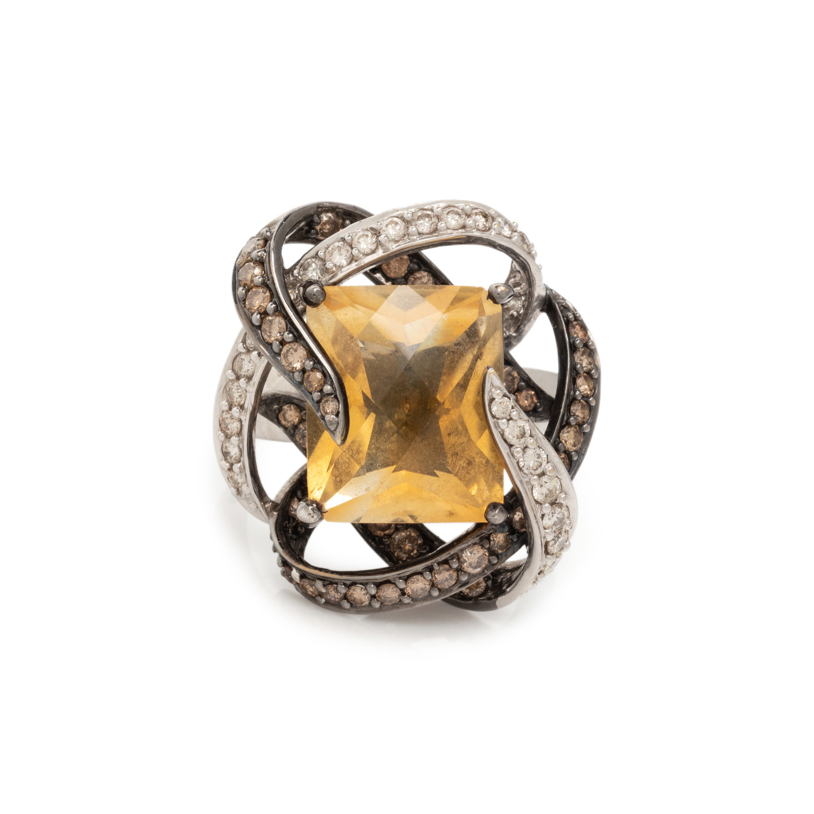 CITRINE DIAMOND AND COLORED DIAMOND RING Rectangular checkerboard cut citrine