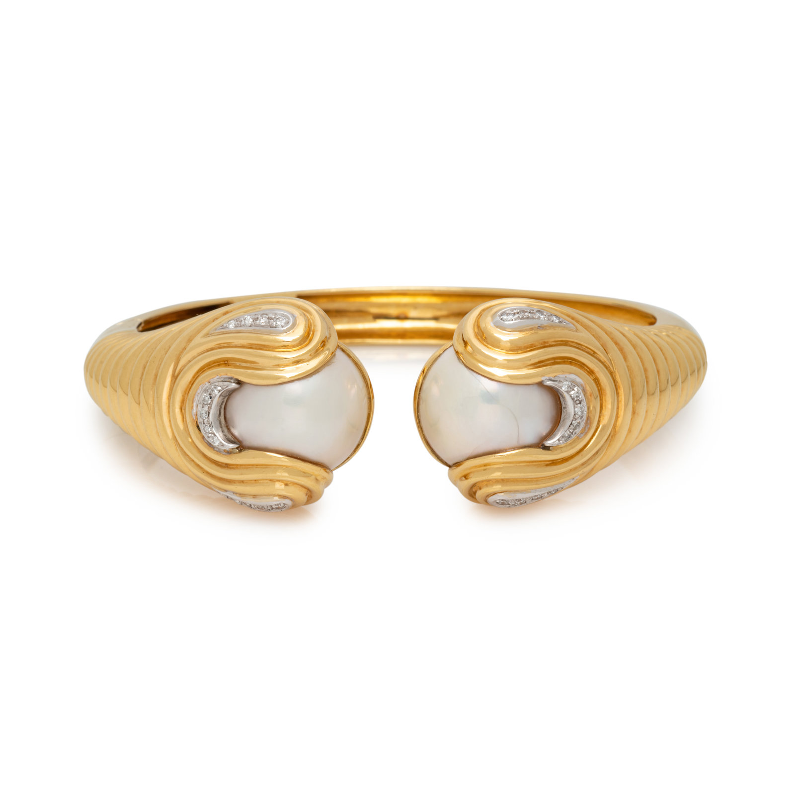 YELLOW GOLD CULTURED MABE PEARL AND DIAMOND CUFF BRACELET Containing
