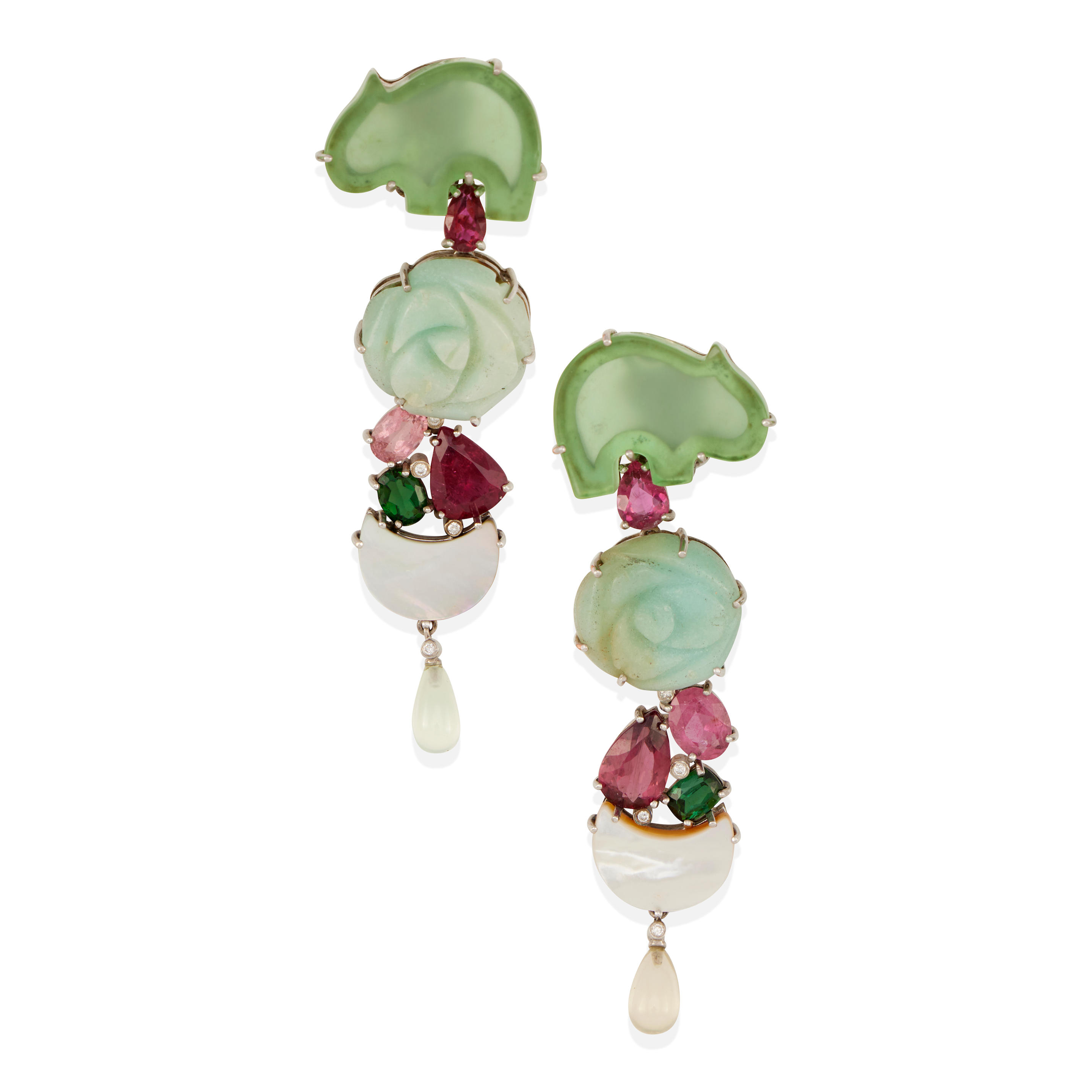 A PAIR OF SILVER AND GEM SET PENDANT EARRINGS Silver