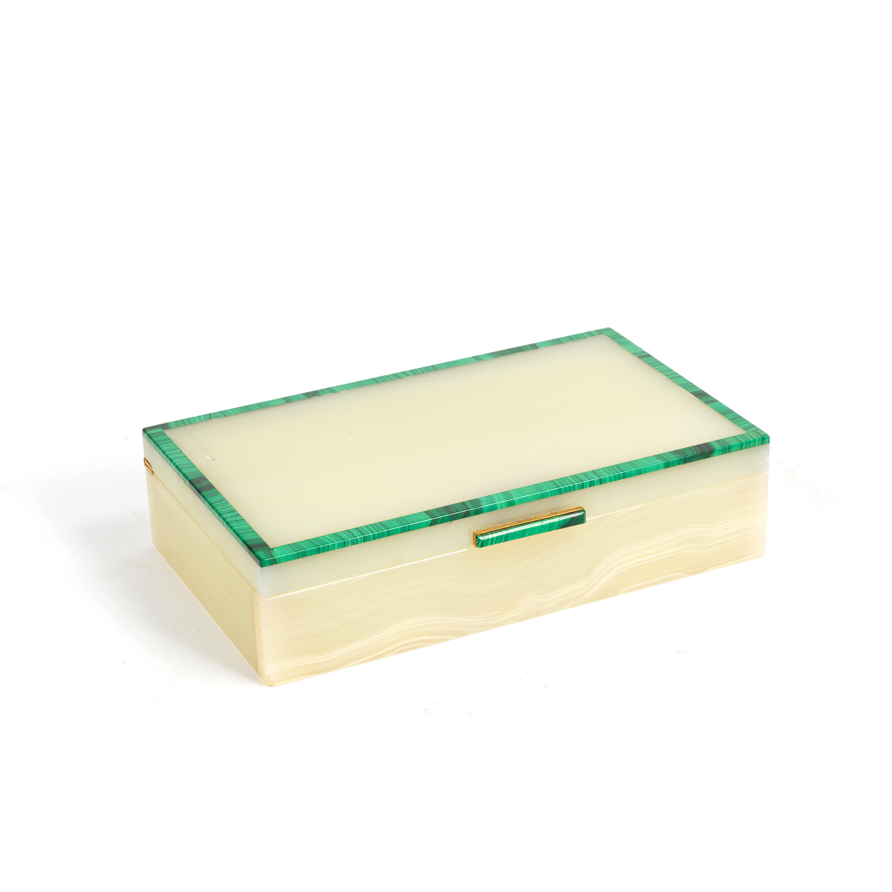 AN EARLY 20TH CENTURY CREAM ONYX AND BANDED MALACHITE CIGARETTE