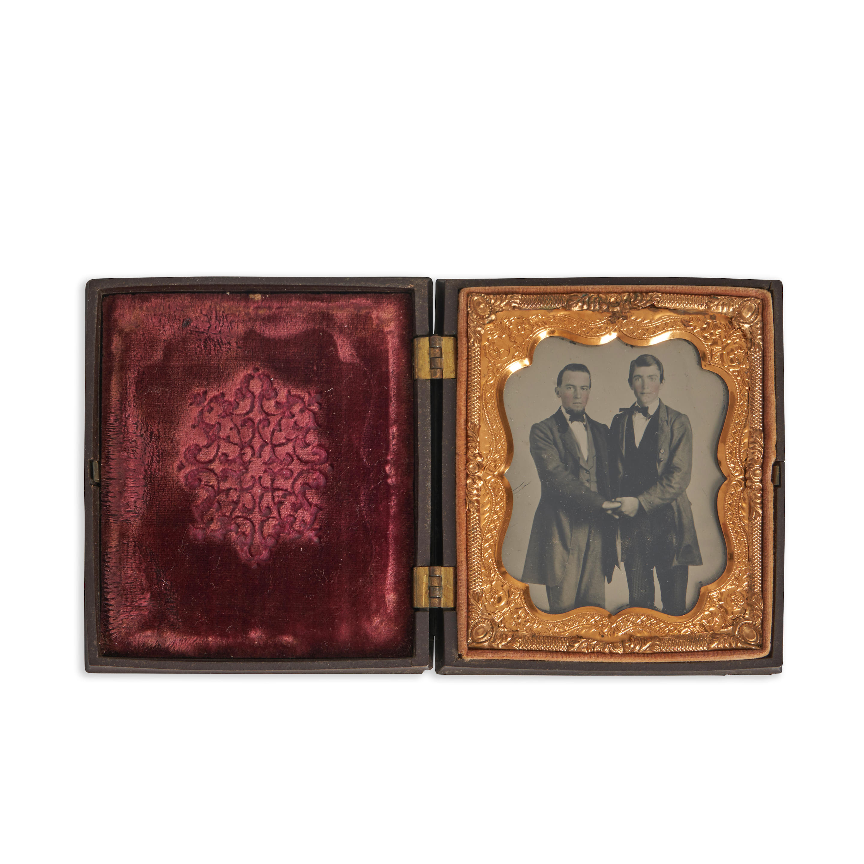 CASED DAGUERREOTYPE OF TWO YOUNG MEN case labeled Littlefield Parsons