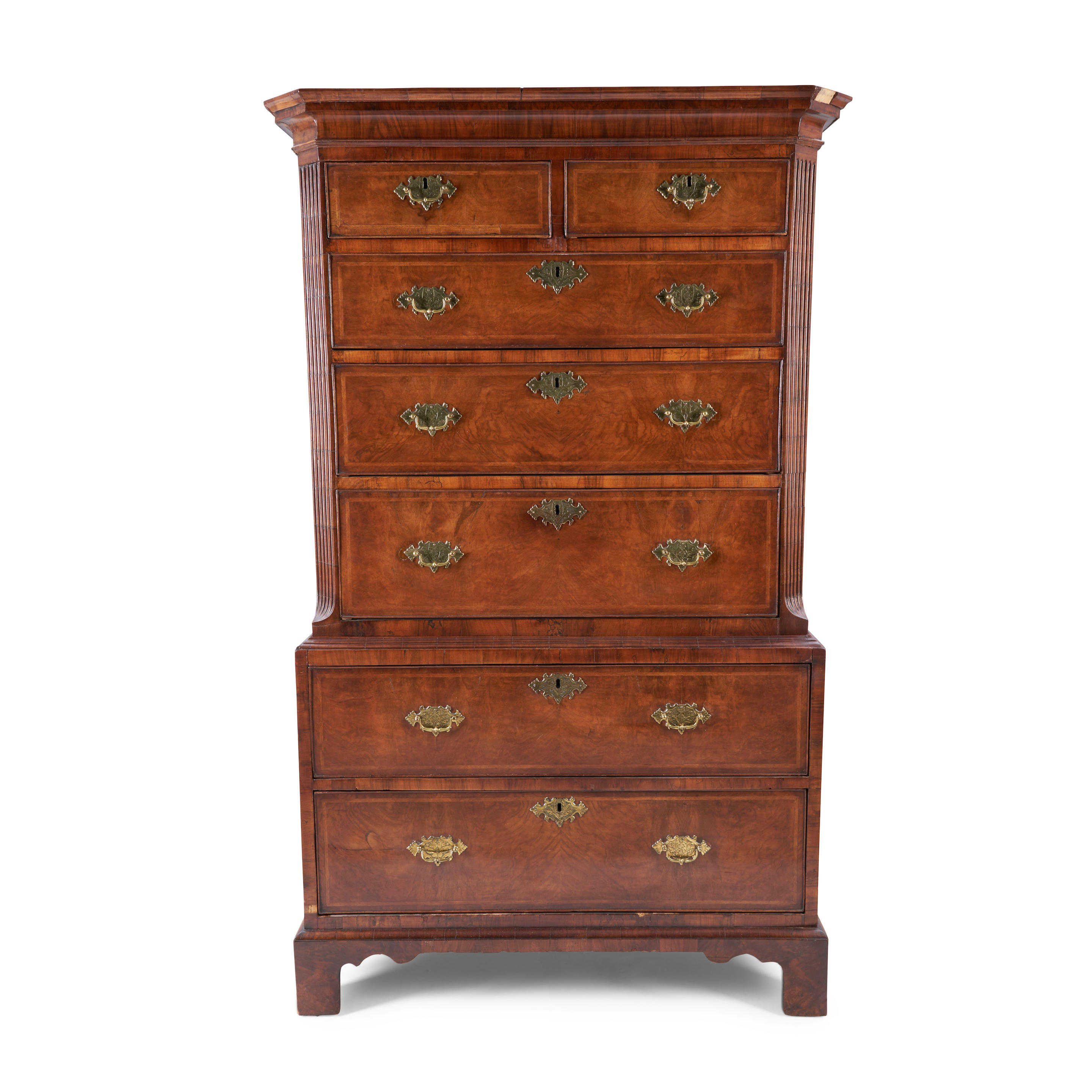 EARLY GEORGIAN WALNUT AND BURL WALNUT VENEER CHEST ON CHEST