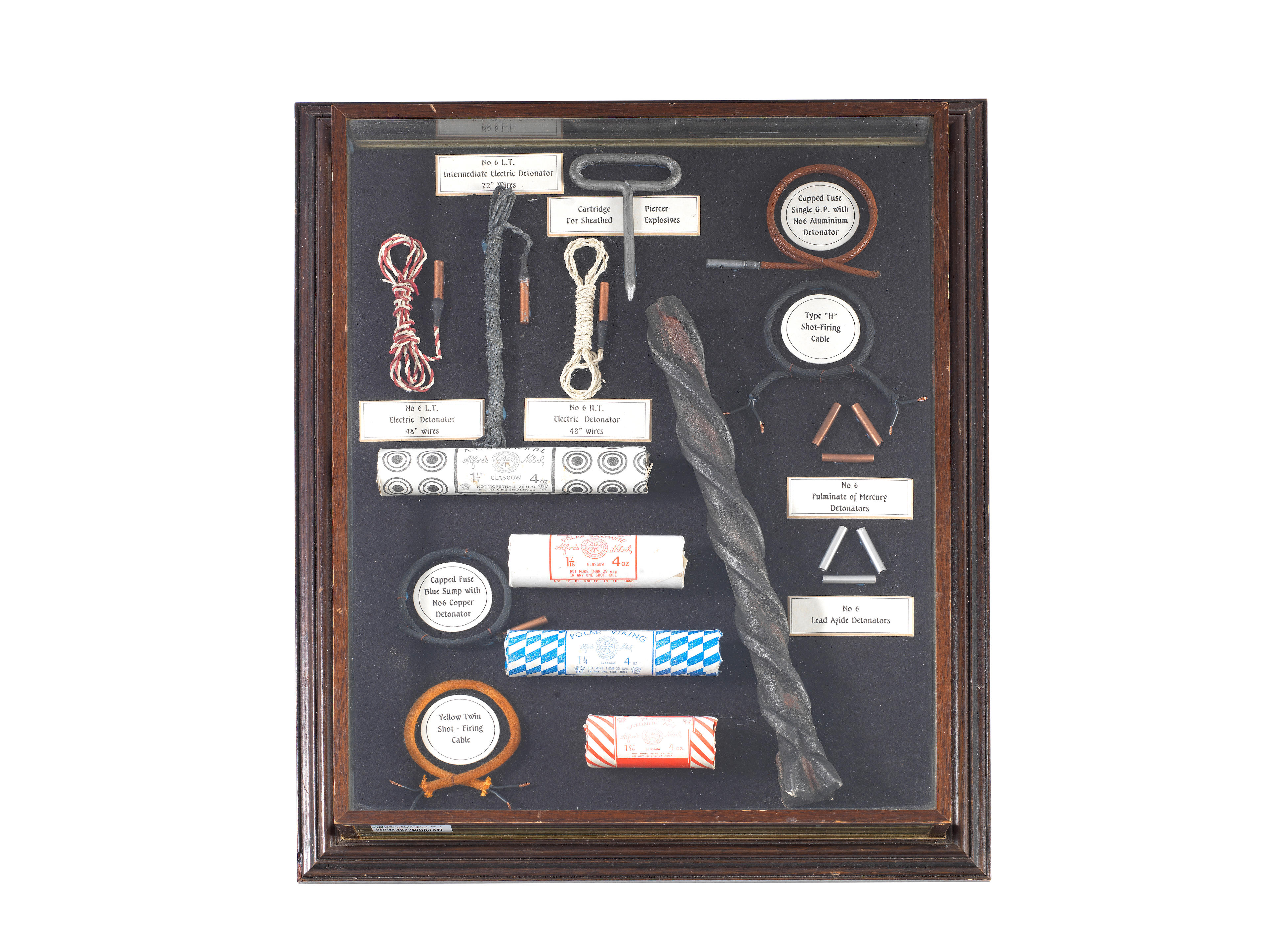 ALFRED NOBLE EXPLOSIVES DISPLAY CASE The display comprising four tubes