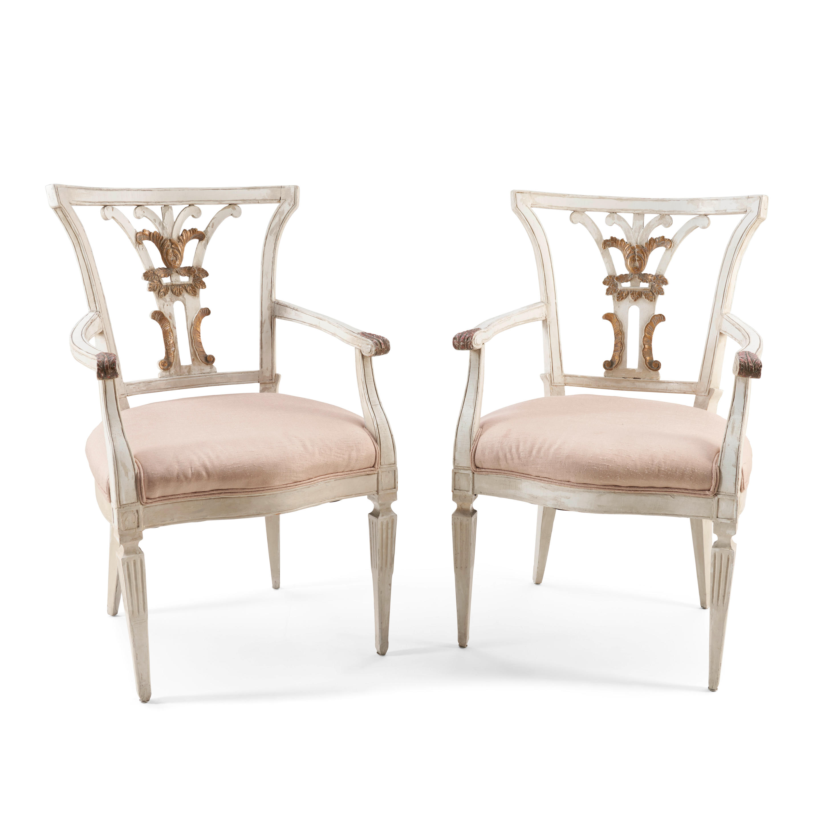TEN GUSTAVIAN STYLE PAINTED DINING CHAIRS the six armchairs with