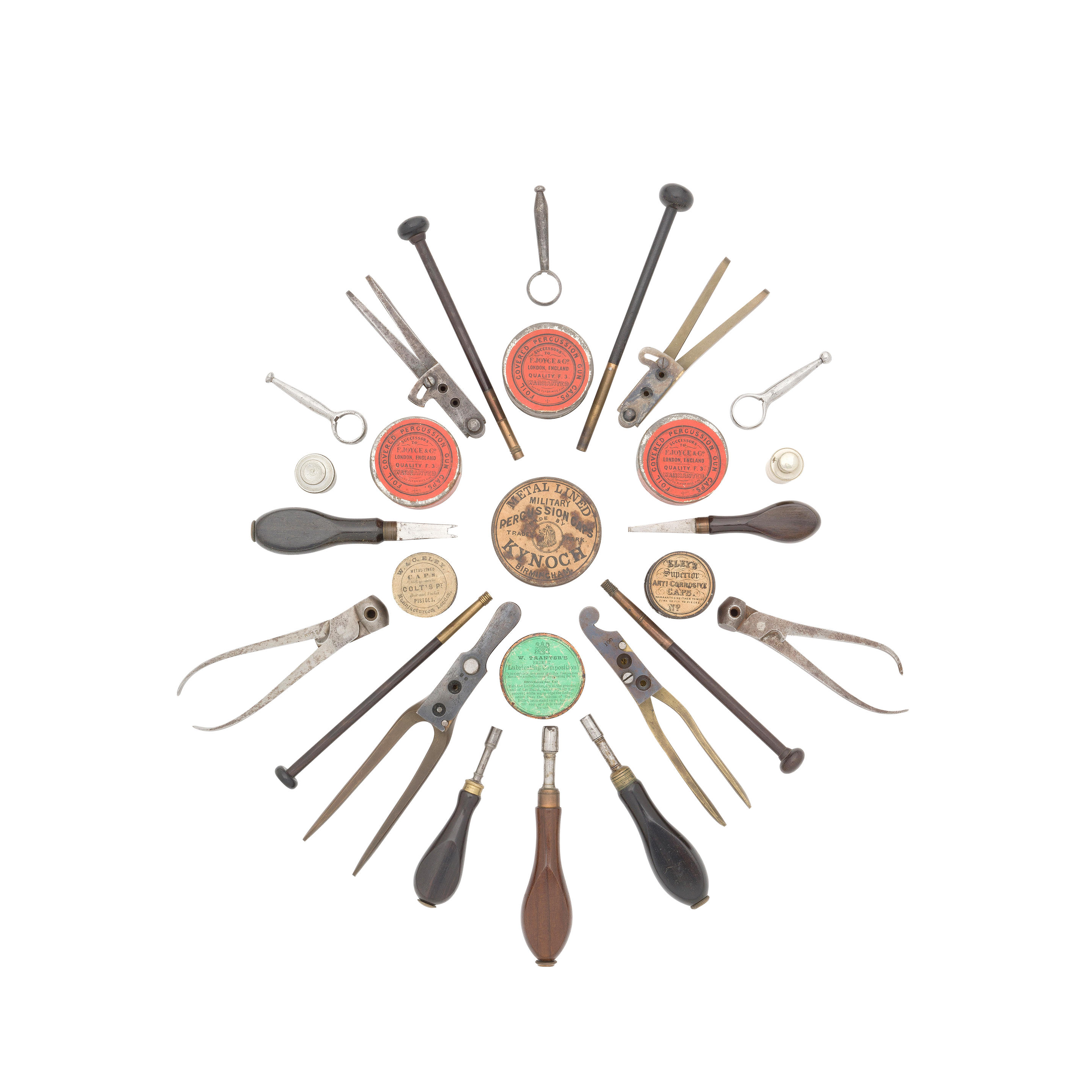 A GROUP OF ACCESSORIES MOSTLY RELATING TO ANTIQUE FIREARMS AND