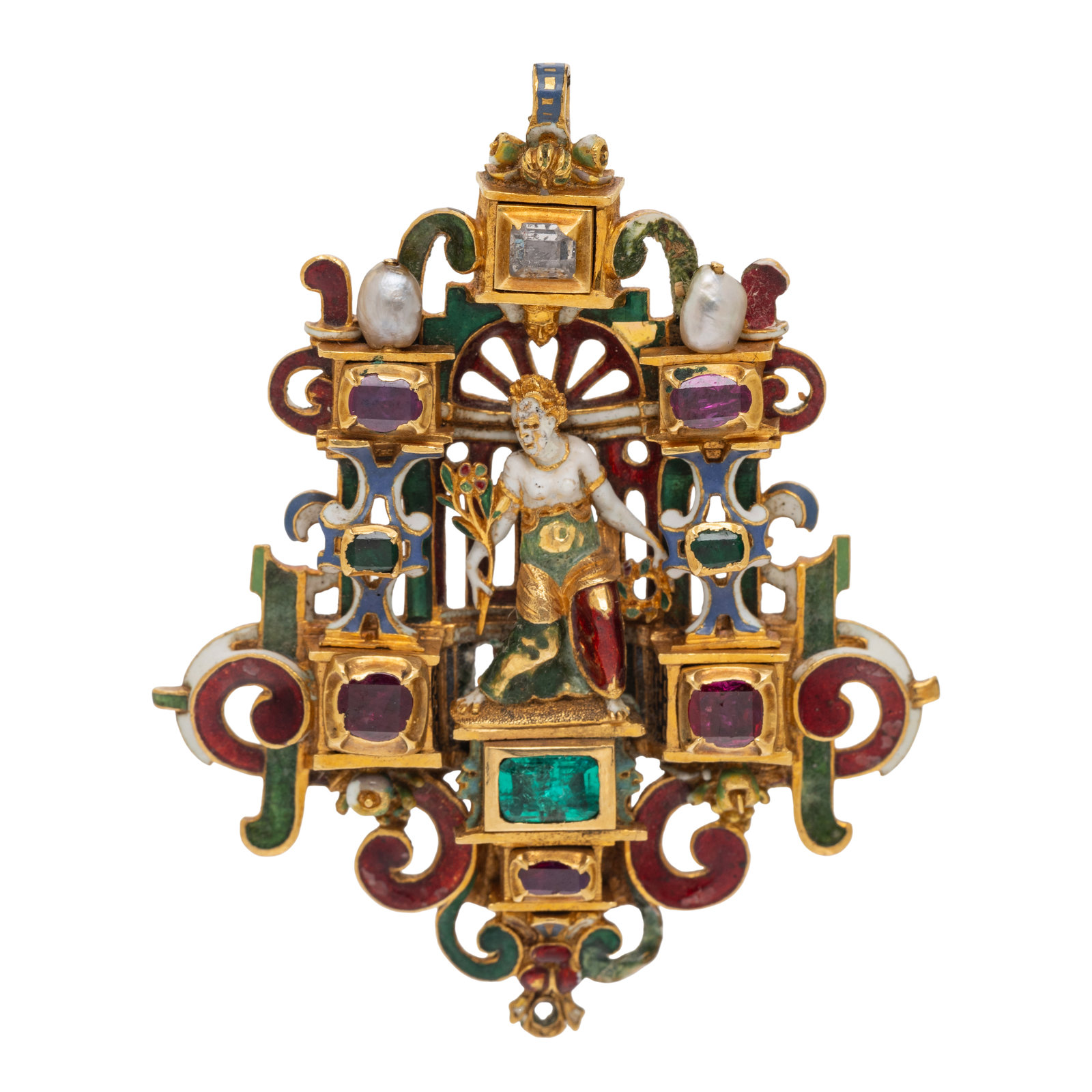 RENAISSANCE YELLOW GOLD POLYCHROME ENAMEL AND MULTIGEM PENDANT Architectural gem