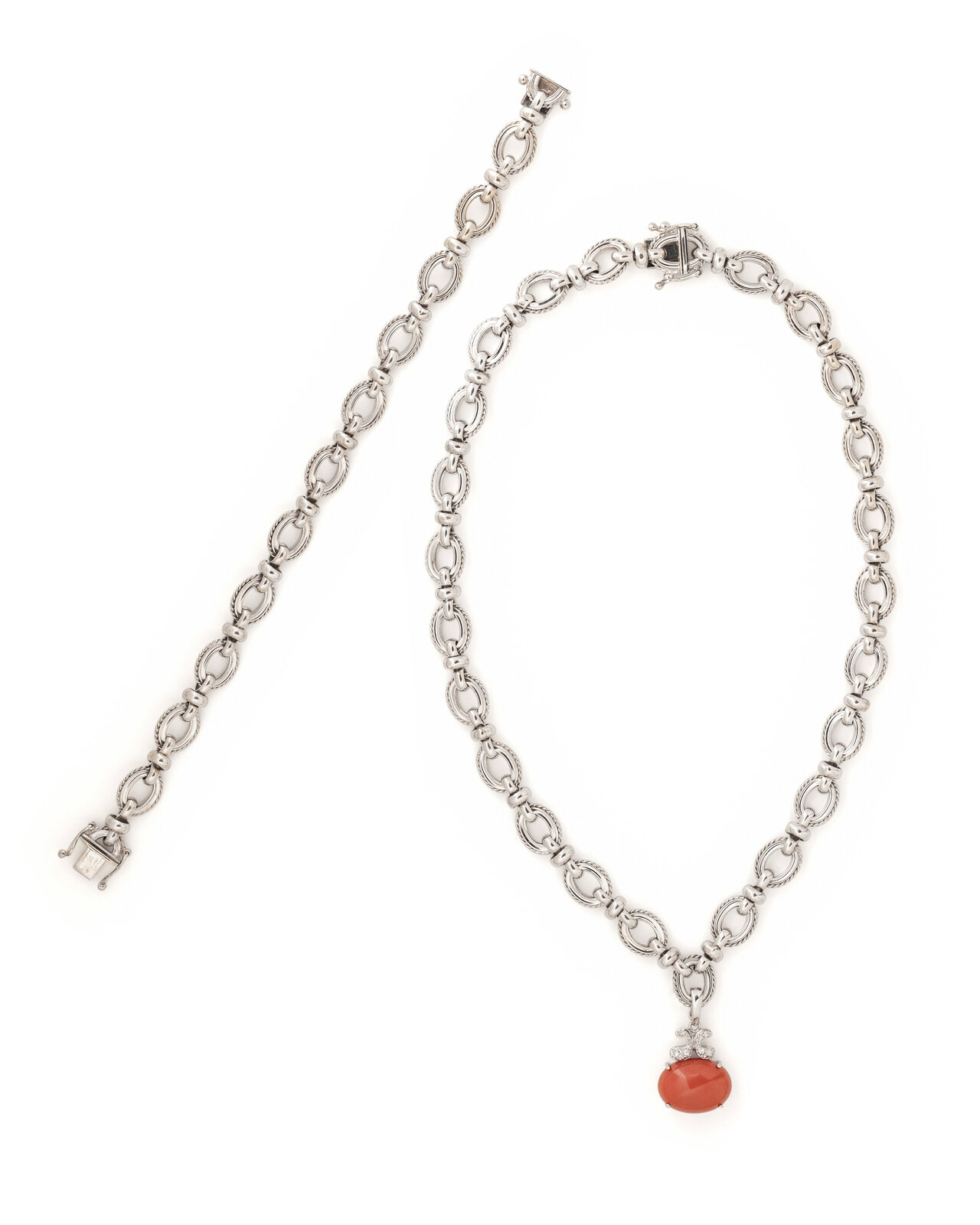 CORAL AND DIAMOND CONVERTIBLE NECKLACE BRACELET Oval cabochon coral measuring