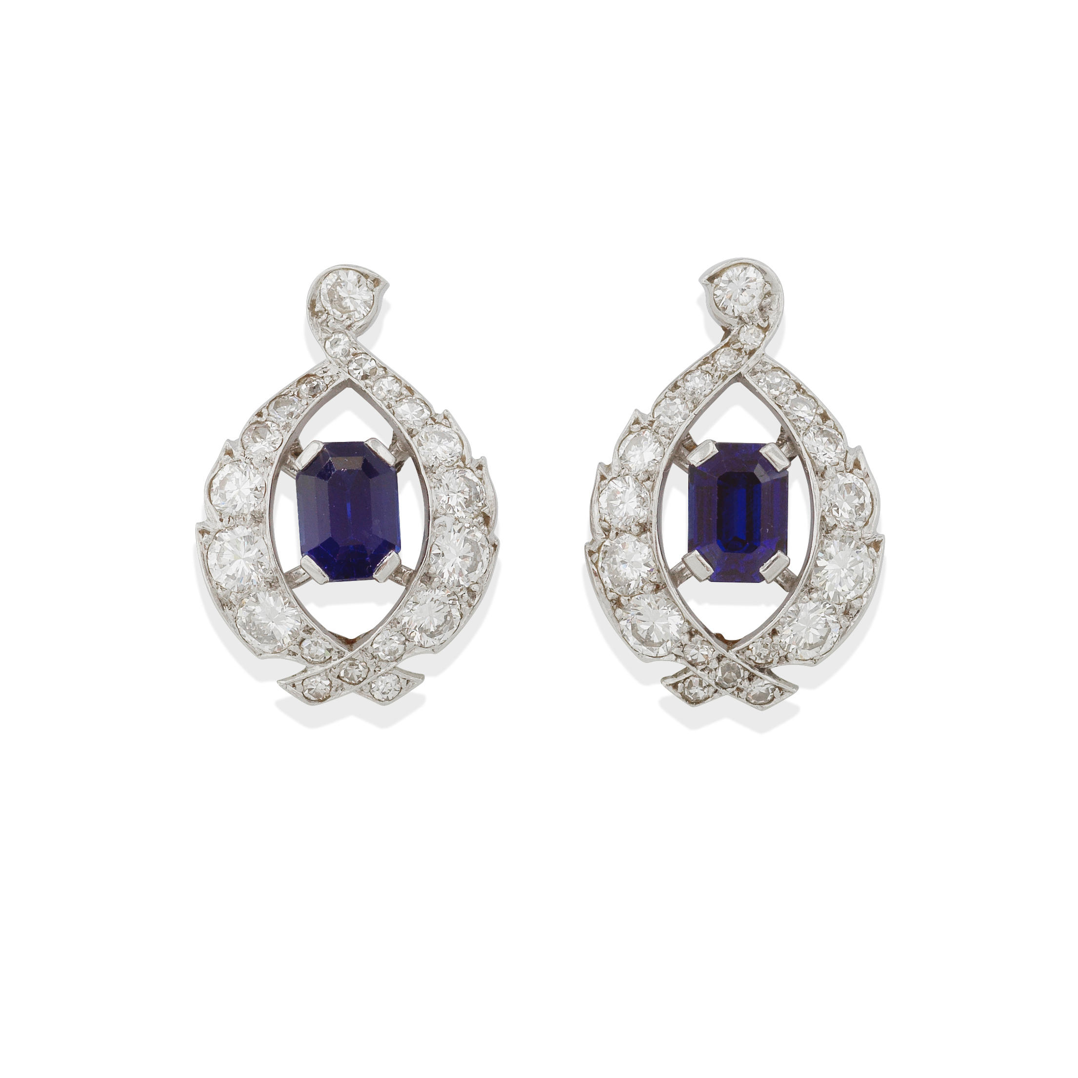 CARTIER PAIR OF SAPPHIRE AND DIAMOND EARCLIPS MID 20TH CENTURY