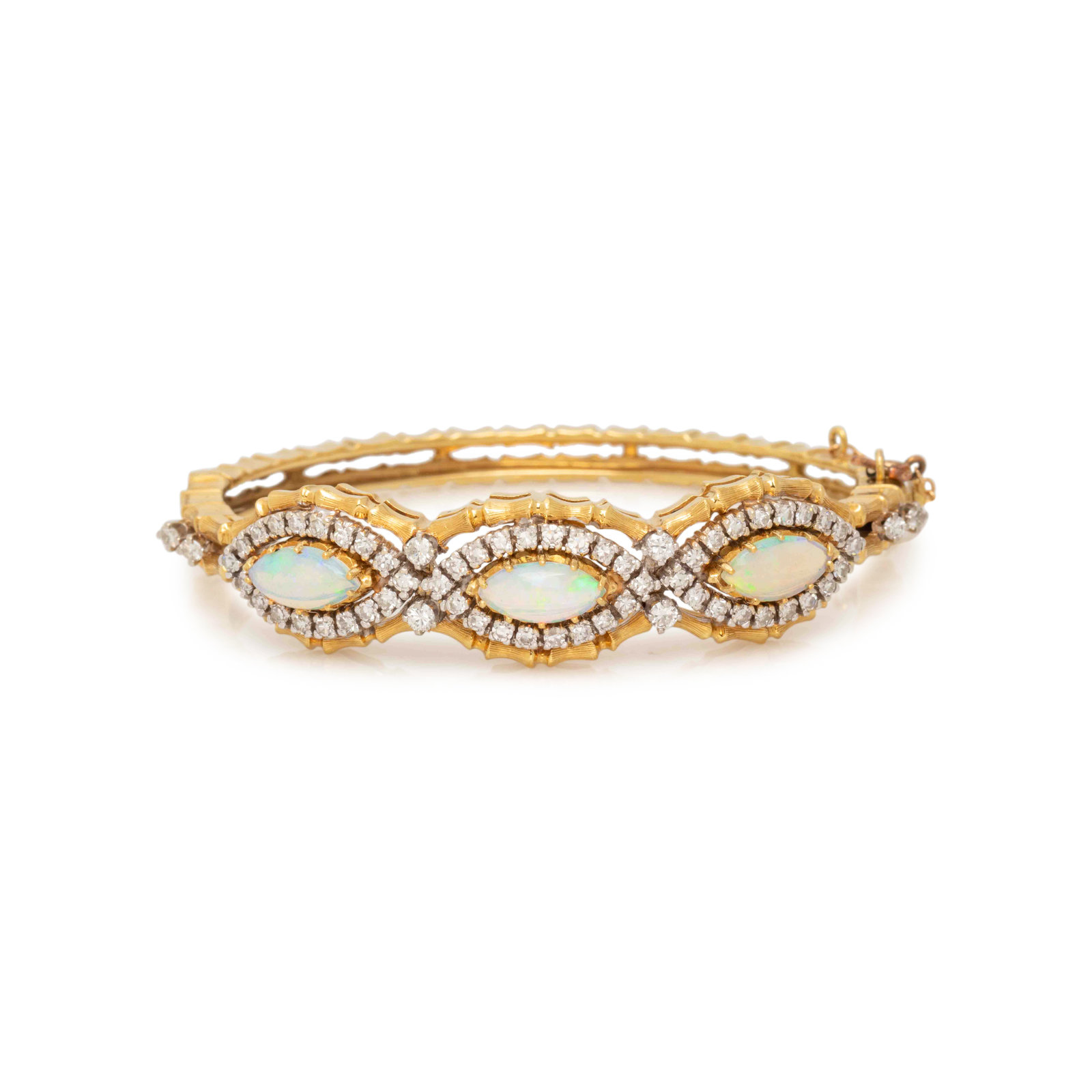 YELLOW GOLD OPAL AND DIAMOND BANGLE BRACELET Consisting of a