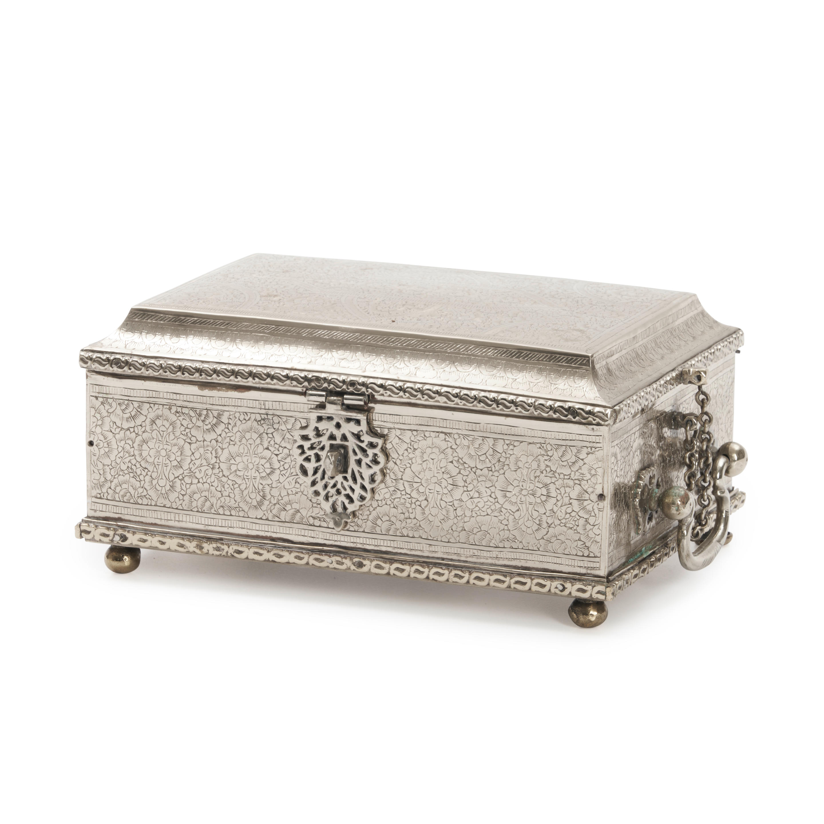 SILVERED METAL BOX WITH HANDLES AND CHAINS India rectangular with
