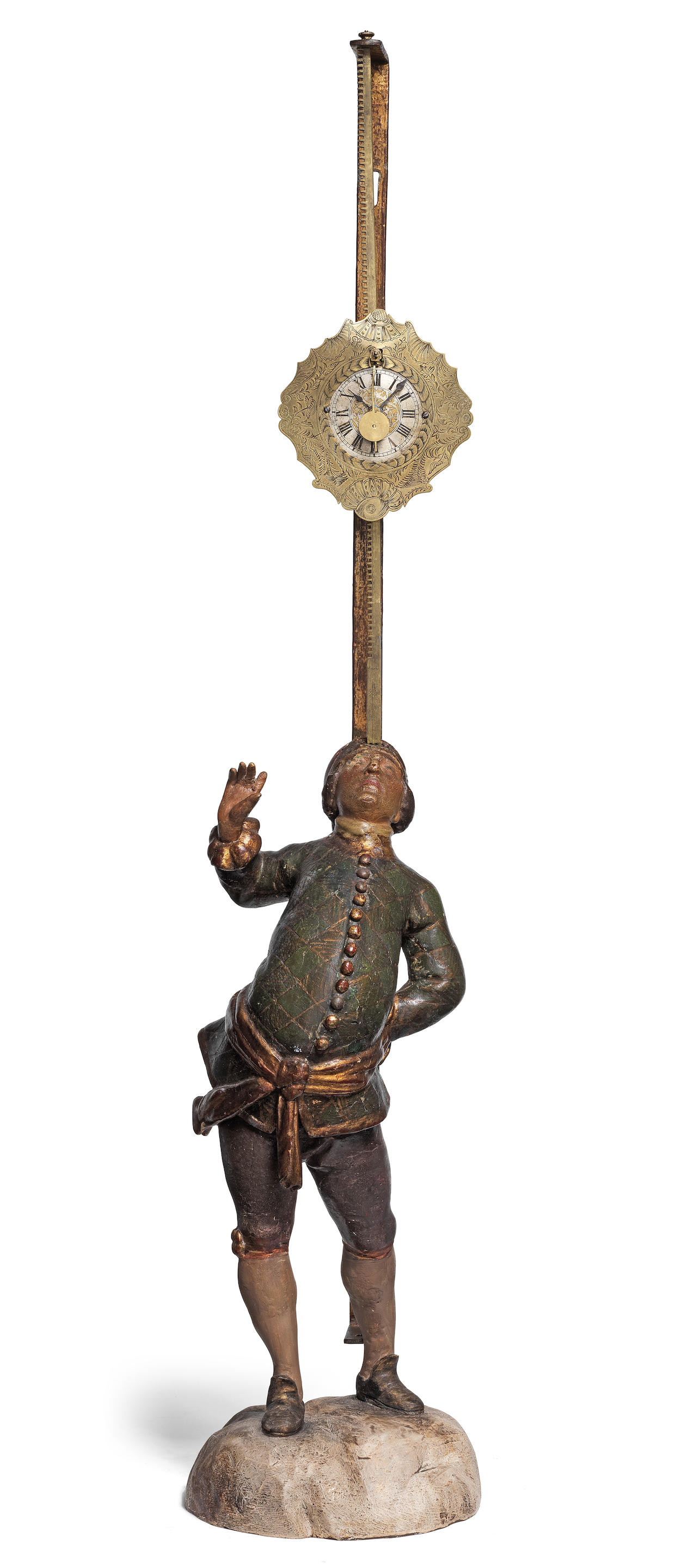 AN 18TH CENTURY CONTINENTAL CARVED AND DECORATED RACK TIMEPIECE The
