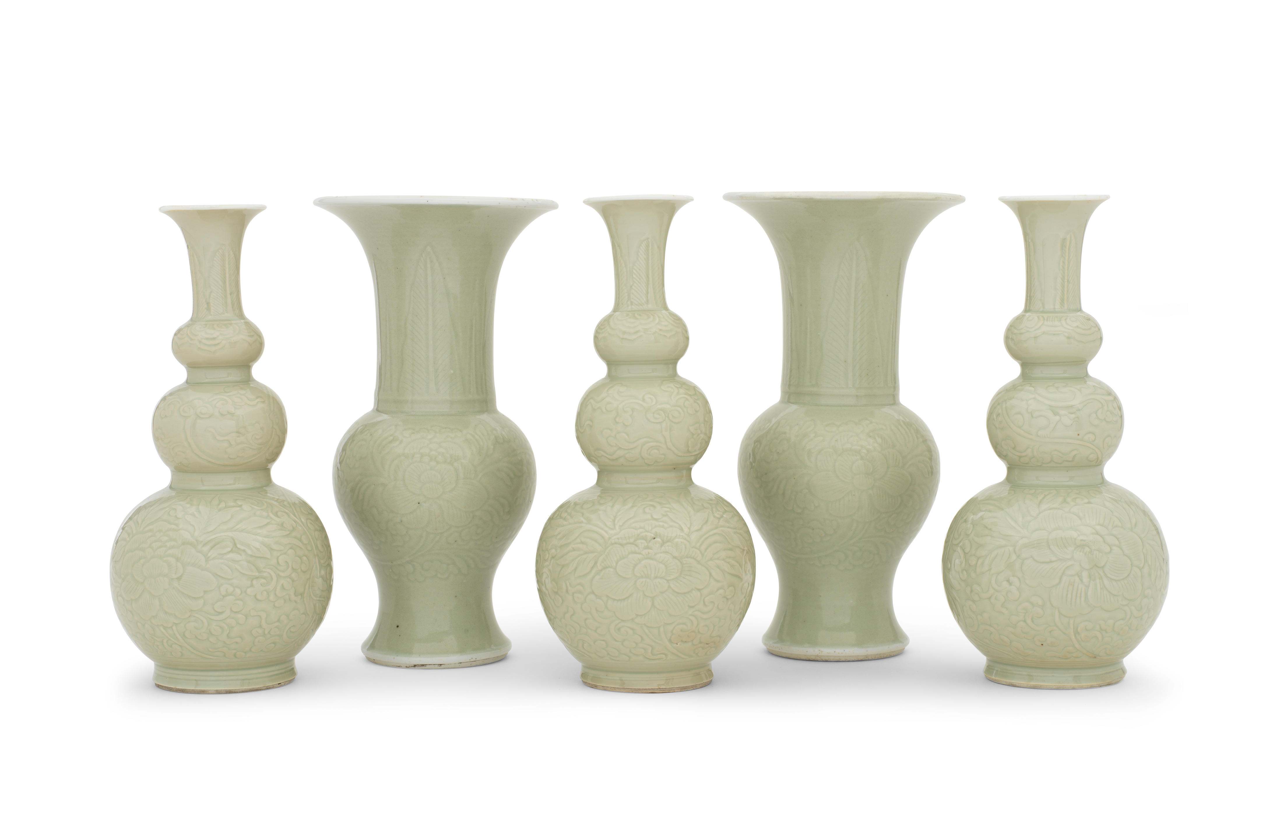 A RARE GARNITURE OF FIVE INCISED CELADON GLAZED VASES Kangxi
