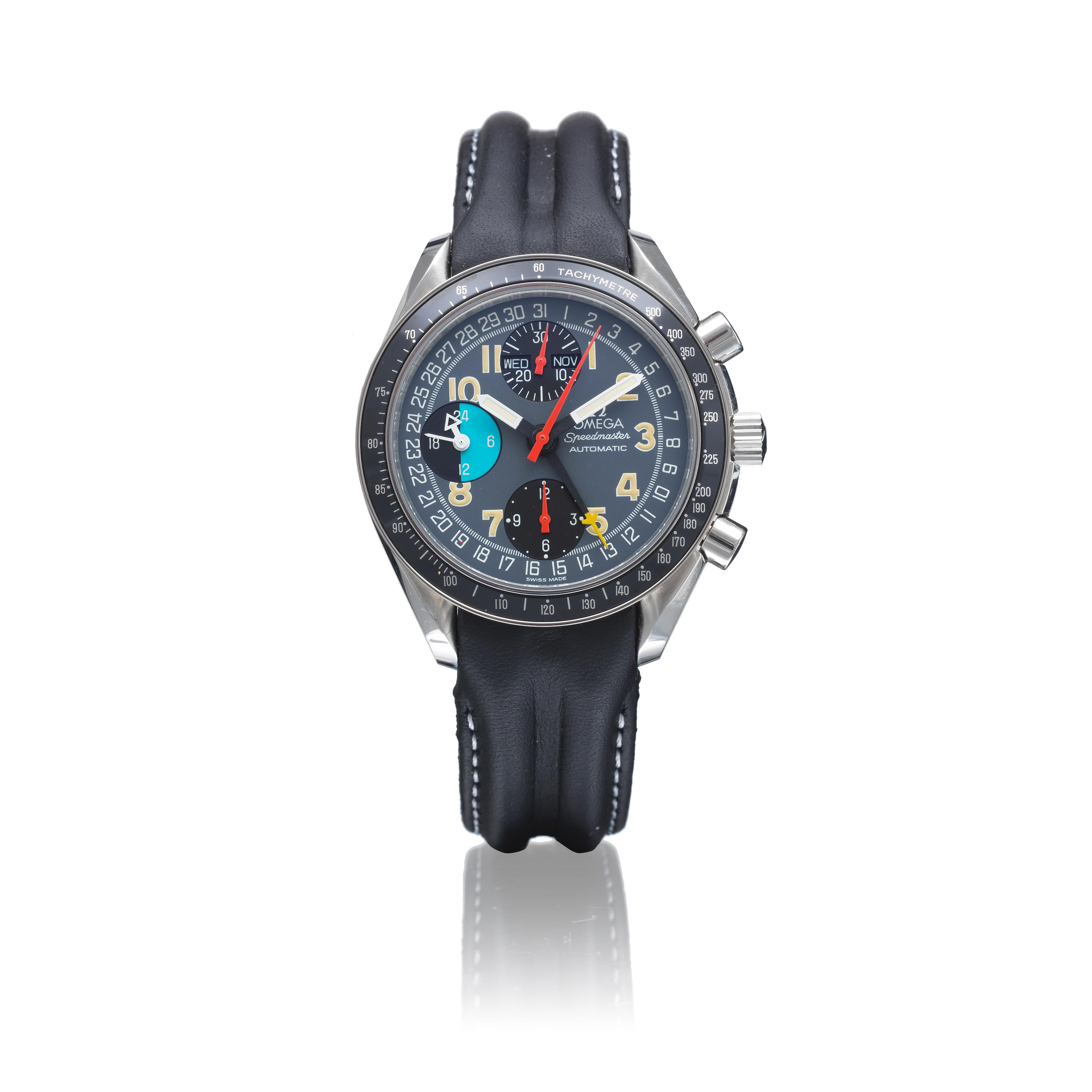 OMEGA A STAINLESS STEEL AUTOMATIC TRIPLE CALENDAR CHRONOGRAPH WRISTWATCH Model