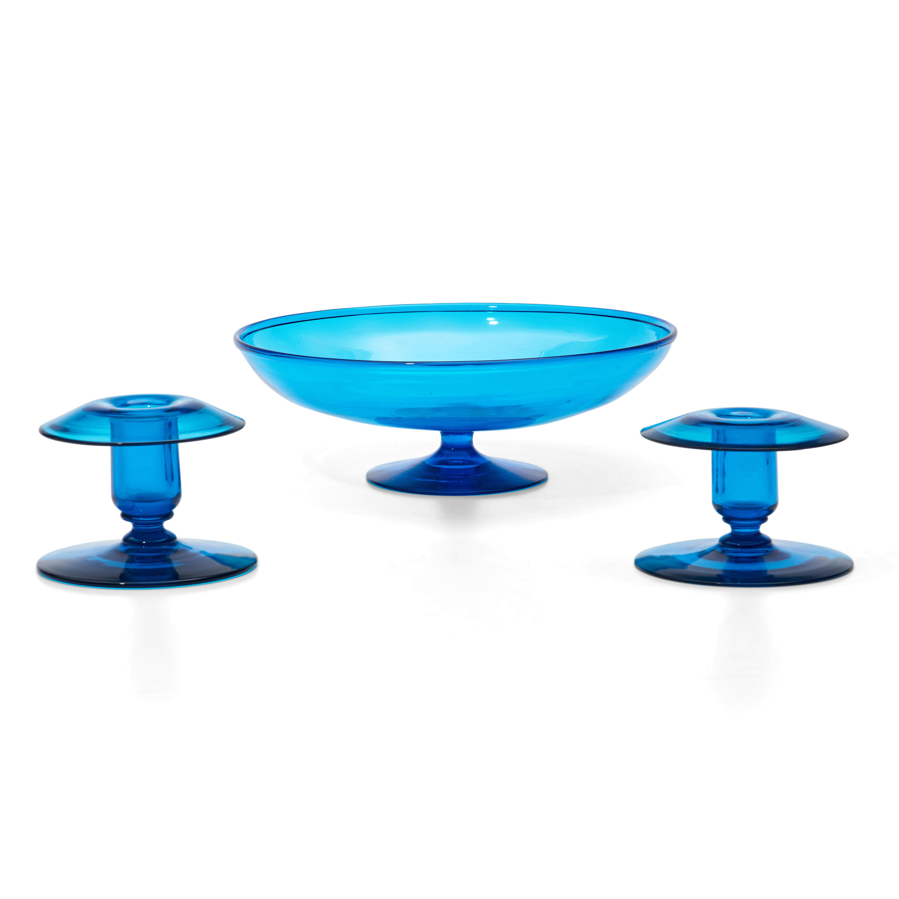 STEUBEN CELESTE BLUE GLASS BOWL AND CANDLESTICKS Corning New York