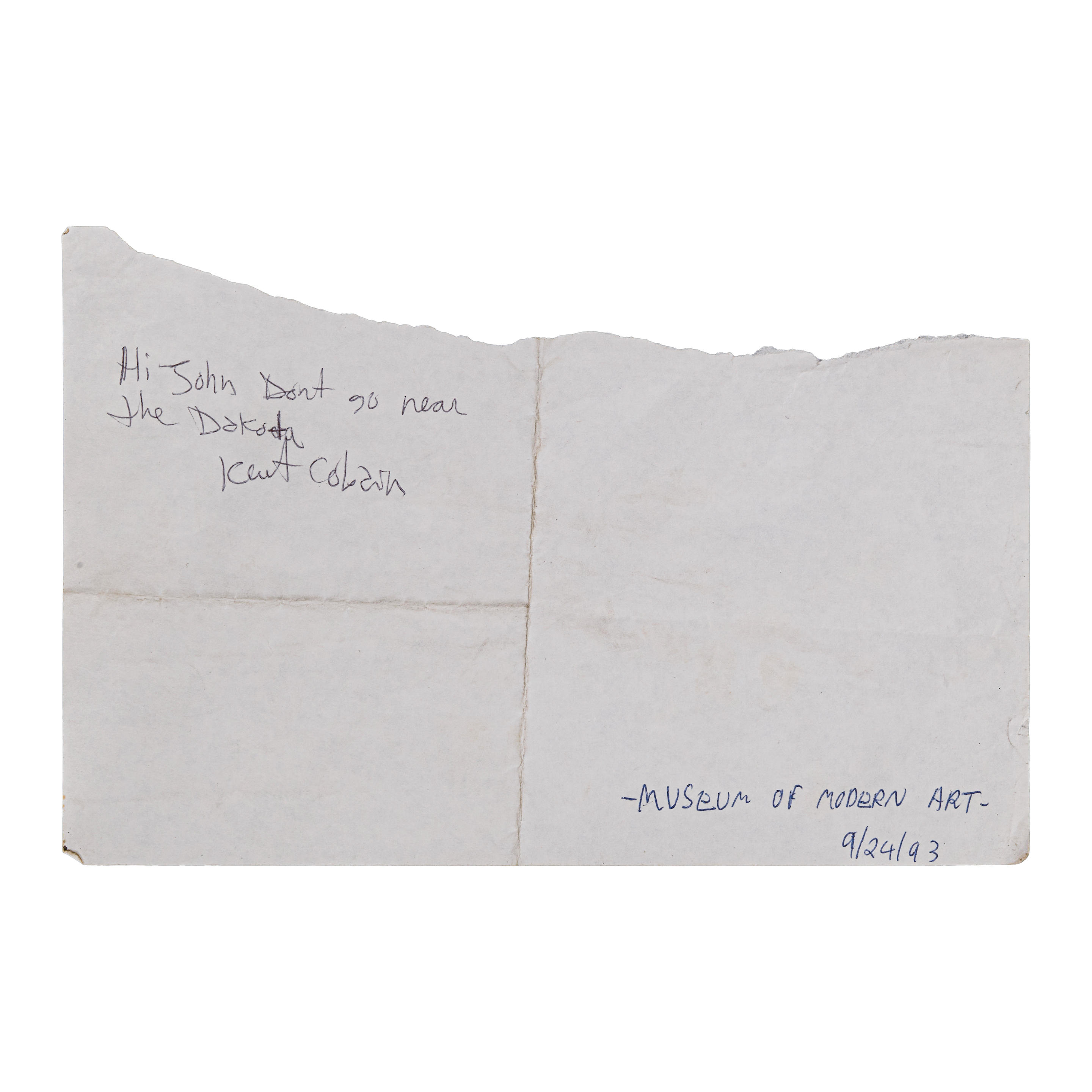 KURT COBAIN SIGNED AND INSCRIBED NOTE REFERENCING JOHN LENNON 1993