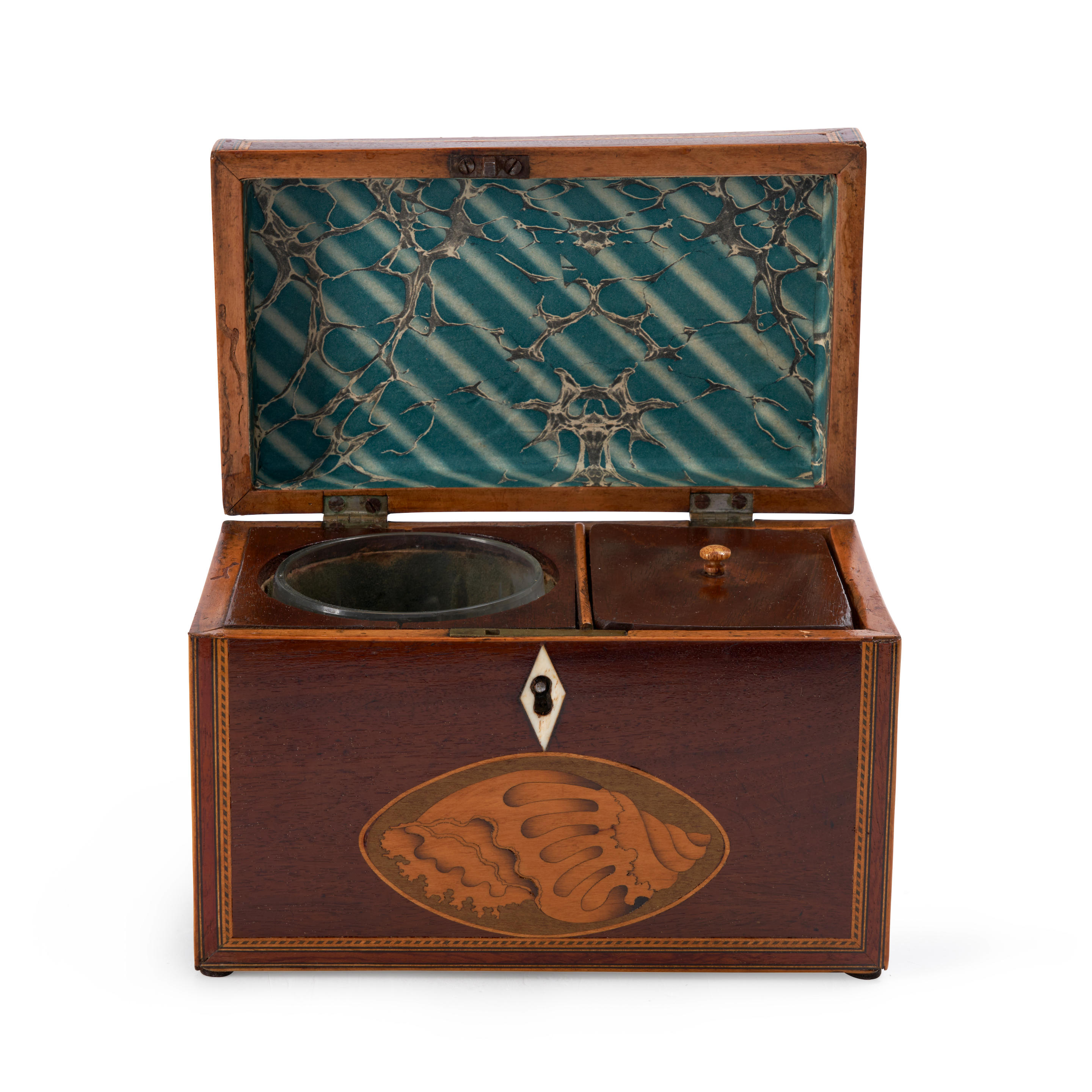 GEORGE III SATINWOOD AND HAREWOOD INLAID MAHOGANY TEA CADDY England