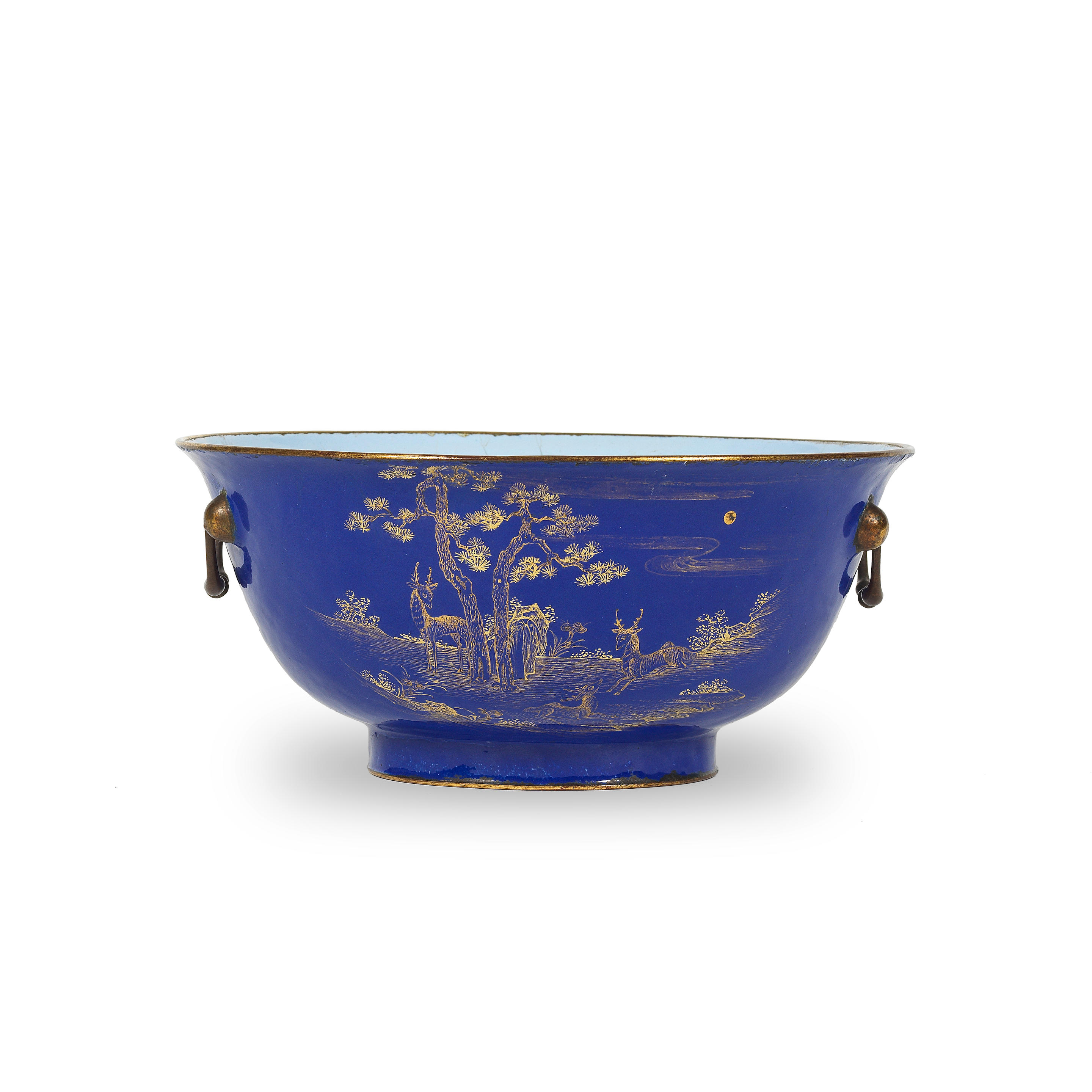 A CANTON ENAMEL BLUE GROUND AND GILT TWO HANDLED BOWL