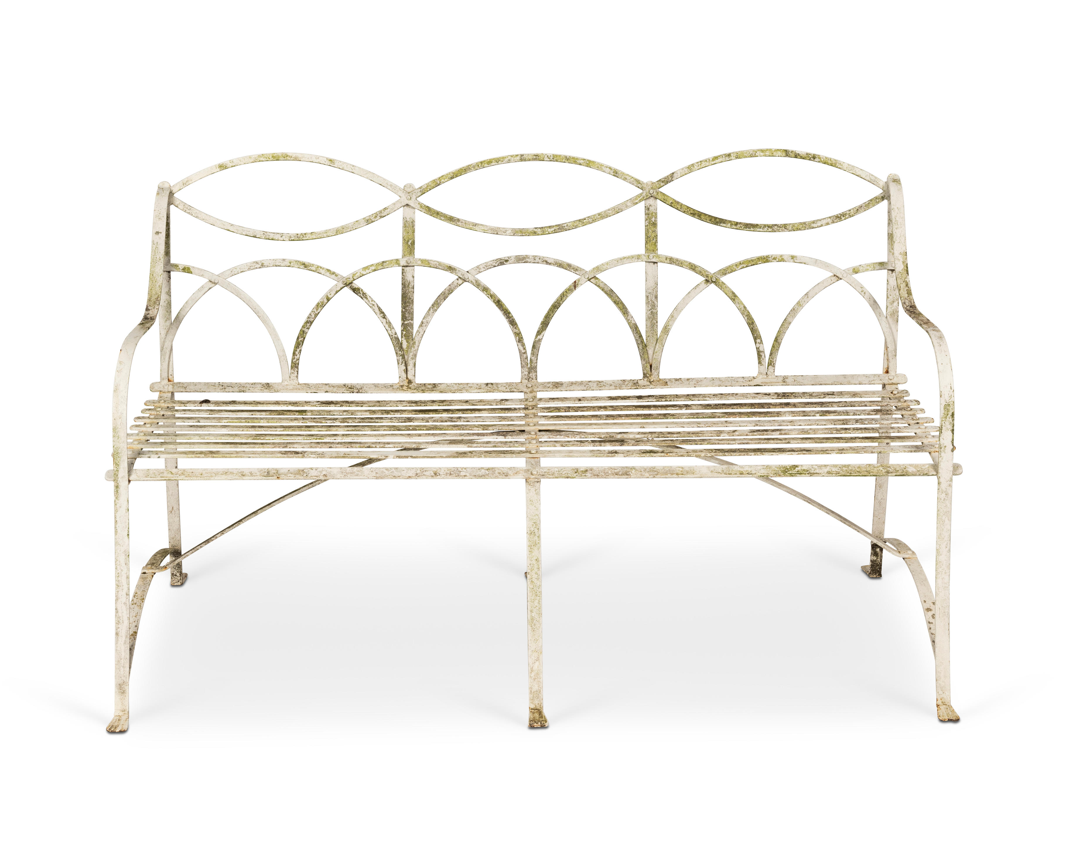 TWO WROUGHT IRON GARDEN SEATS The backs with entwined undulated