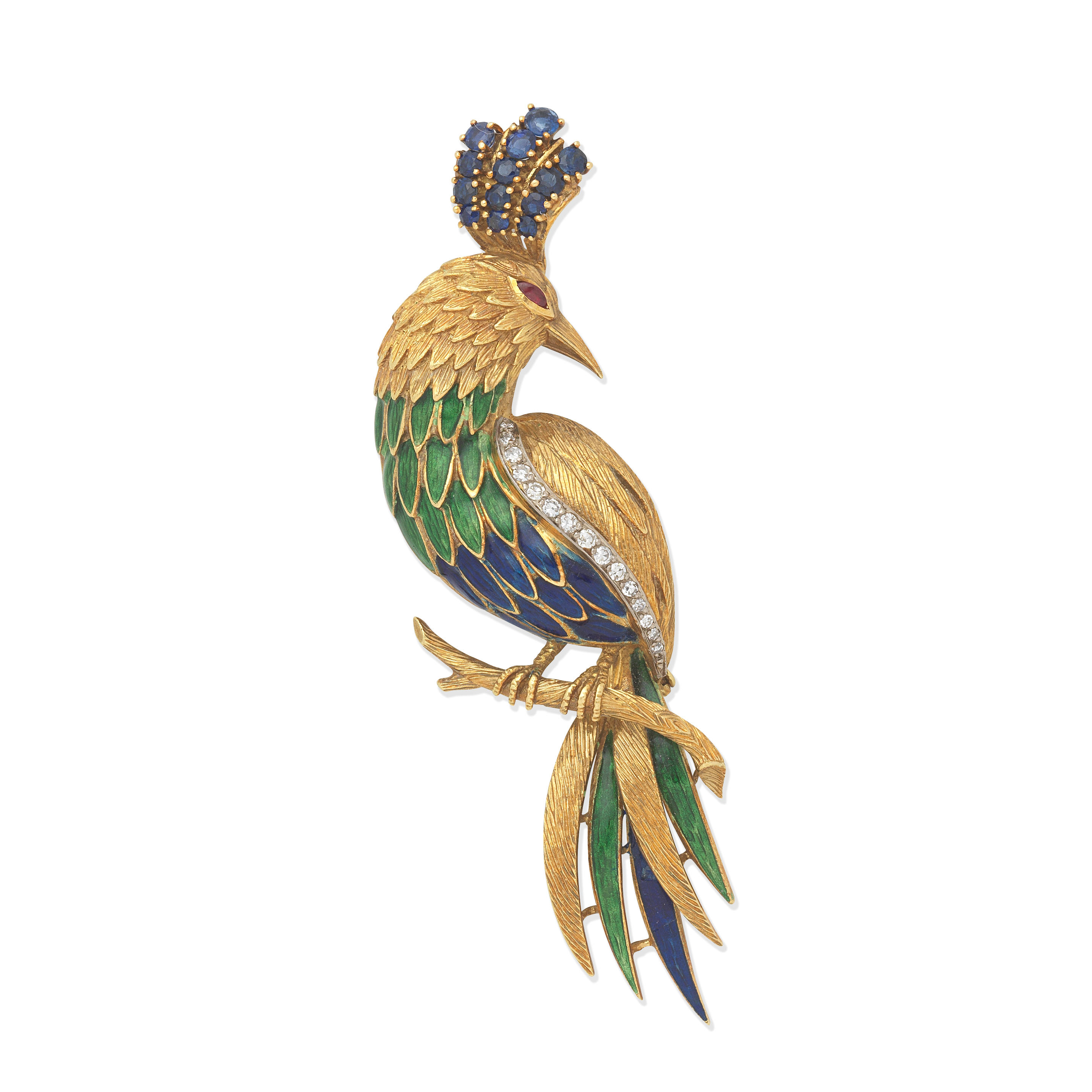 BEN ROSENFELD ENAMEL AND GEM SET BIRD BROOCH 1969 Blue