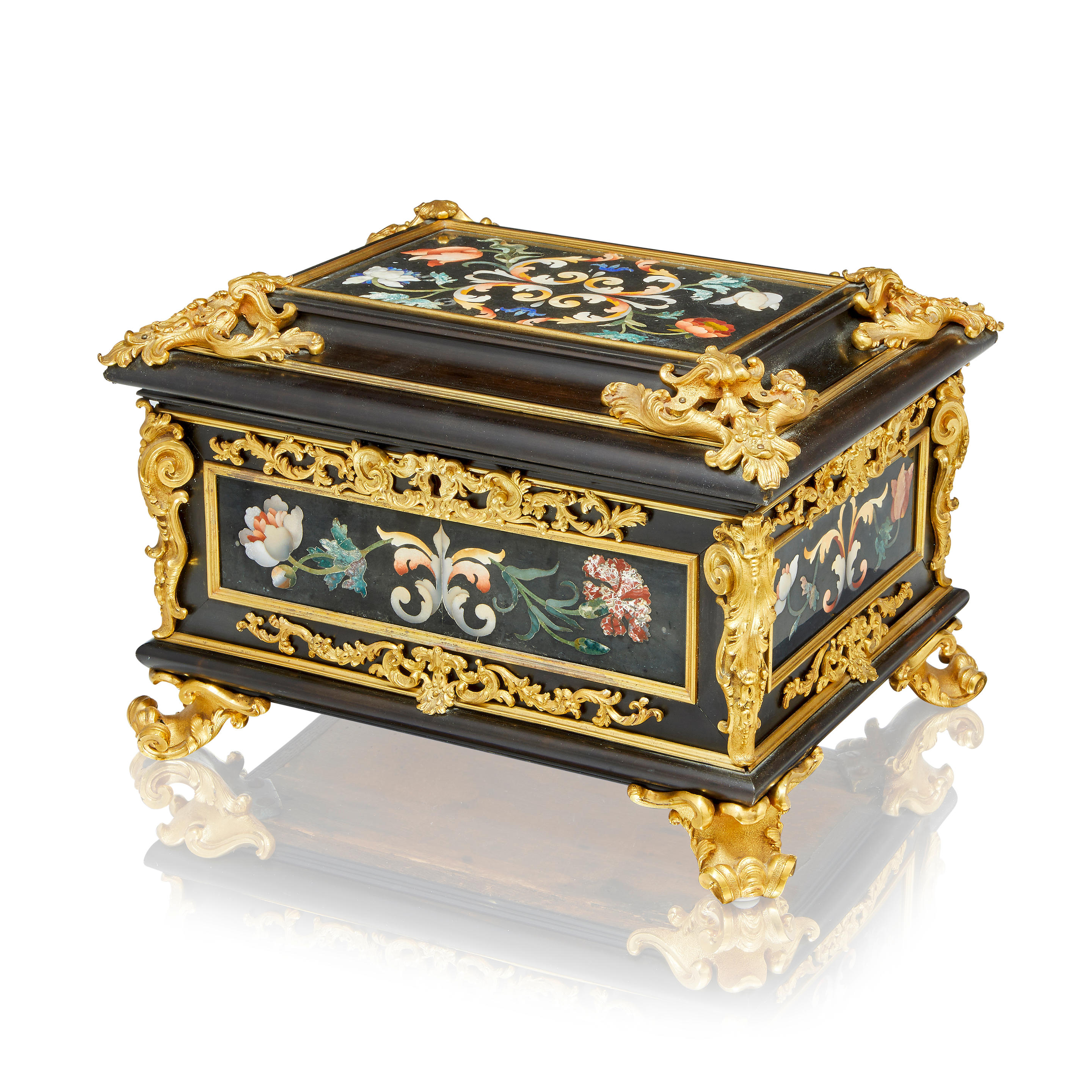 AN IMPORTANT ITALIAN BAROQUE ORMOLU MOUNTED PIETRA DURA INLAID EBONY