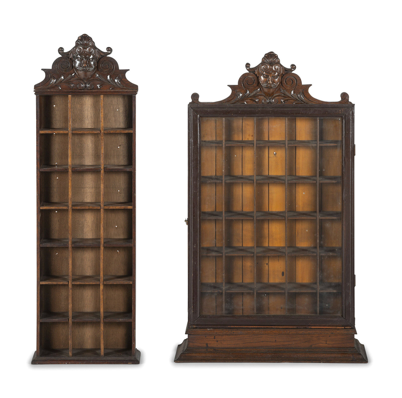 Two Mask Carved Oak Shaving Mug Cabinets Early 20th Century
