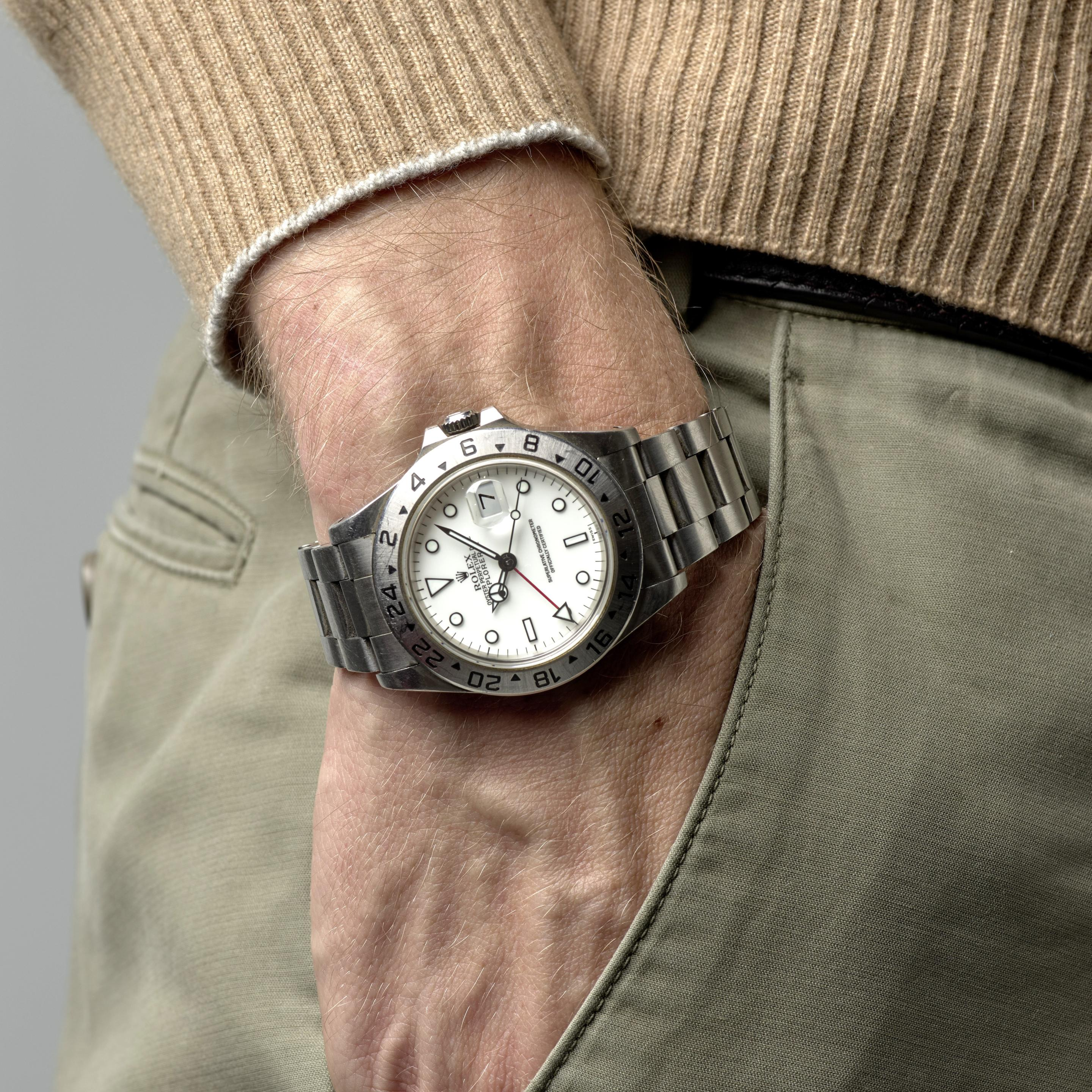 ROLEX A STAINLESS STEEL AUTOMATIC CALENDAR BRACELET WATCH WITH DUAL