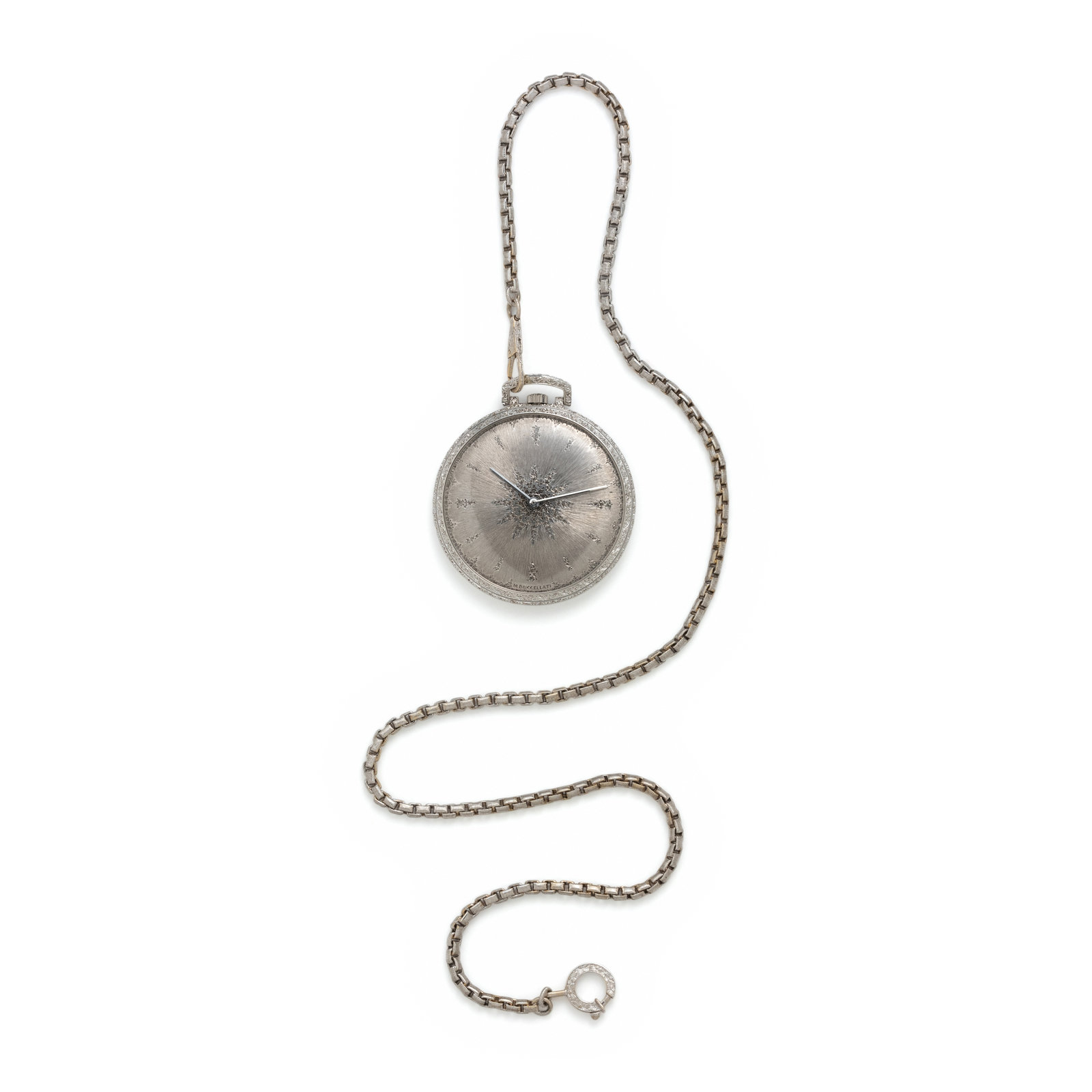 BUCCELLATI 18K WHITE GOLD OPEN FACE POCKET WATCH AND FOB