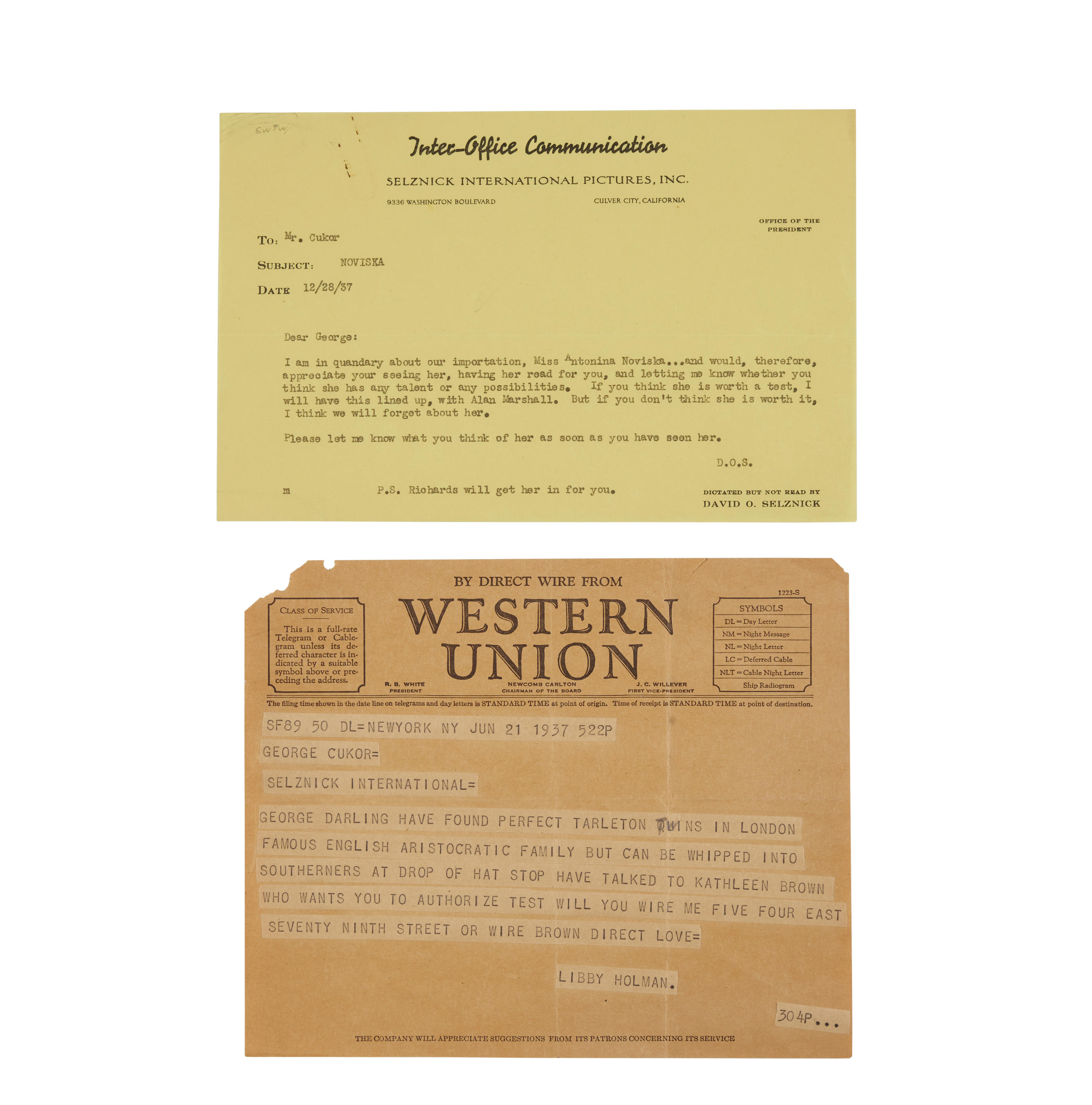 A GROUP OF CORRESPONDENCE FROM LIBBY HOLMAN GEORGE CUKOR AND
