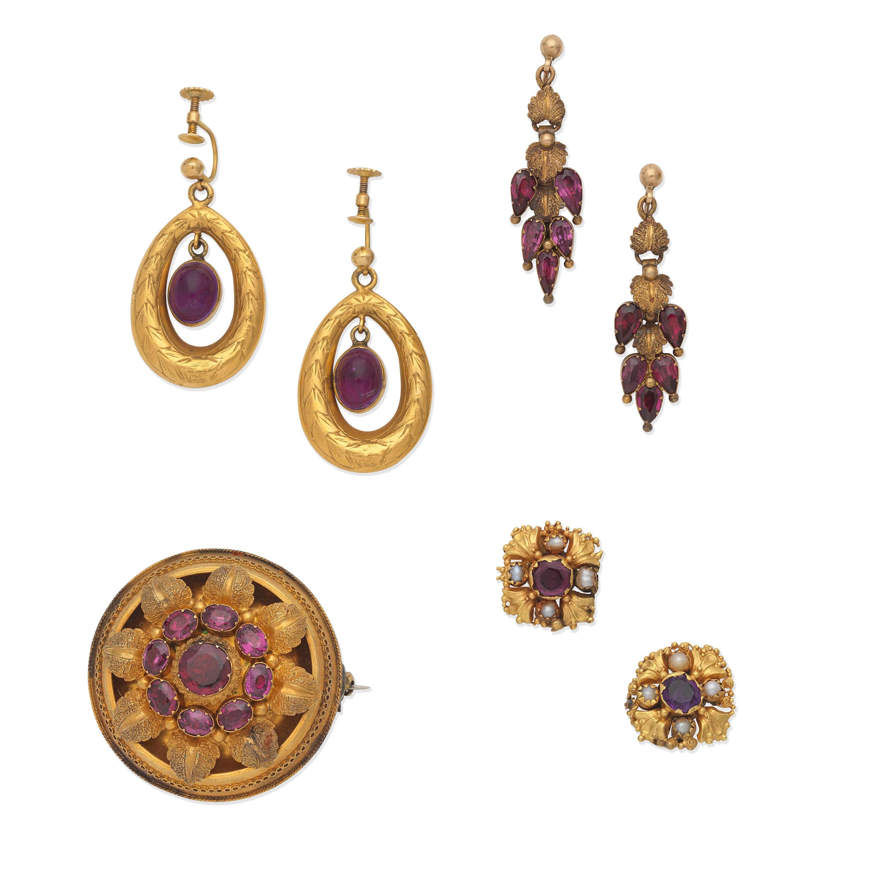 ONE GARNET BROOCH AND THREE PAIRS OF GARNET AMETHYST EARRINGS