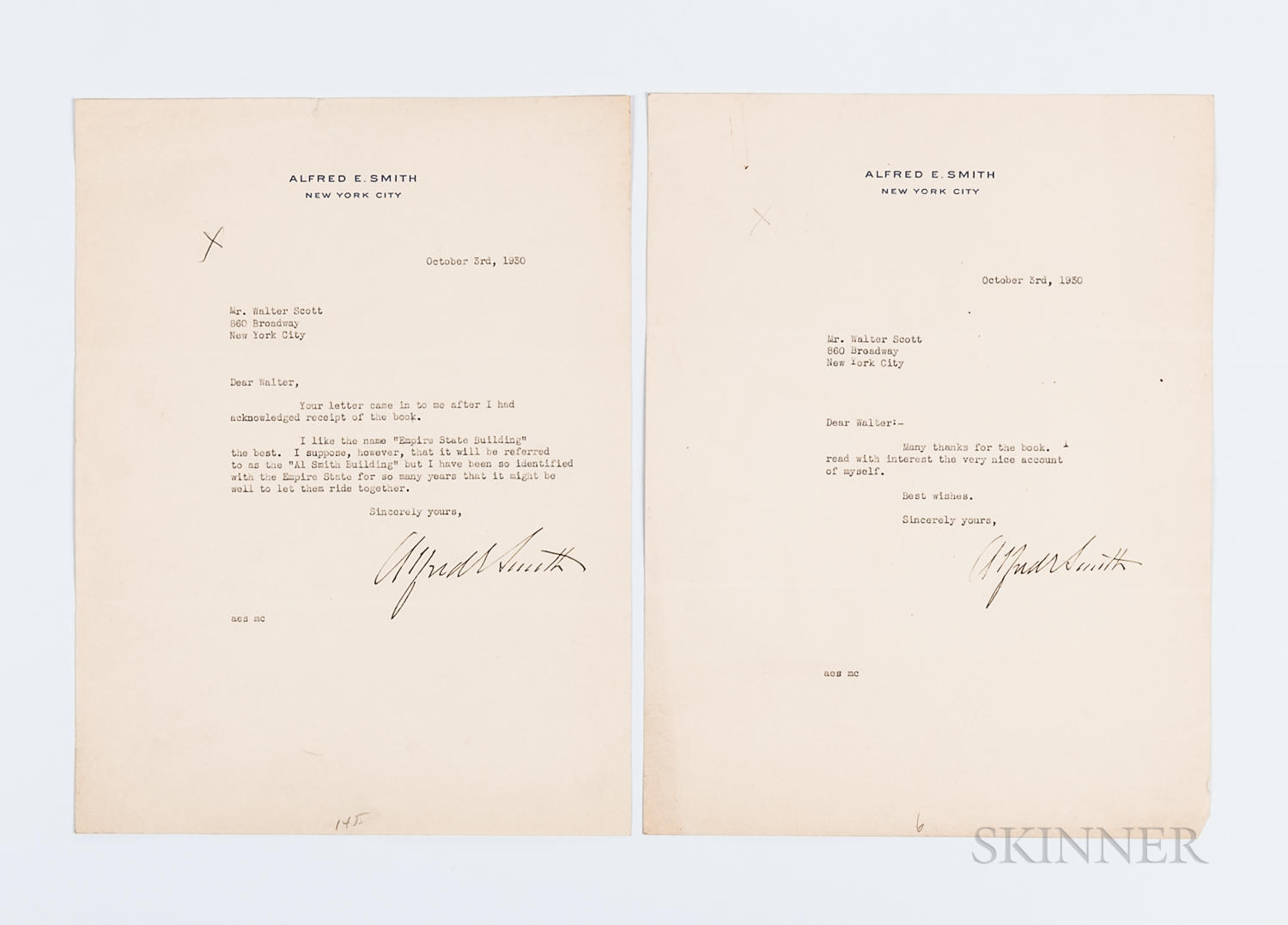 SMITH ALFRED E 1873 1944 TWO TYPED LETTERS SIGNED To