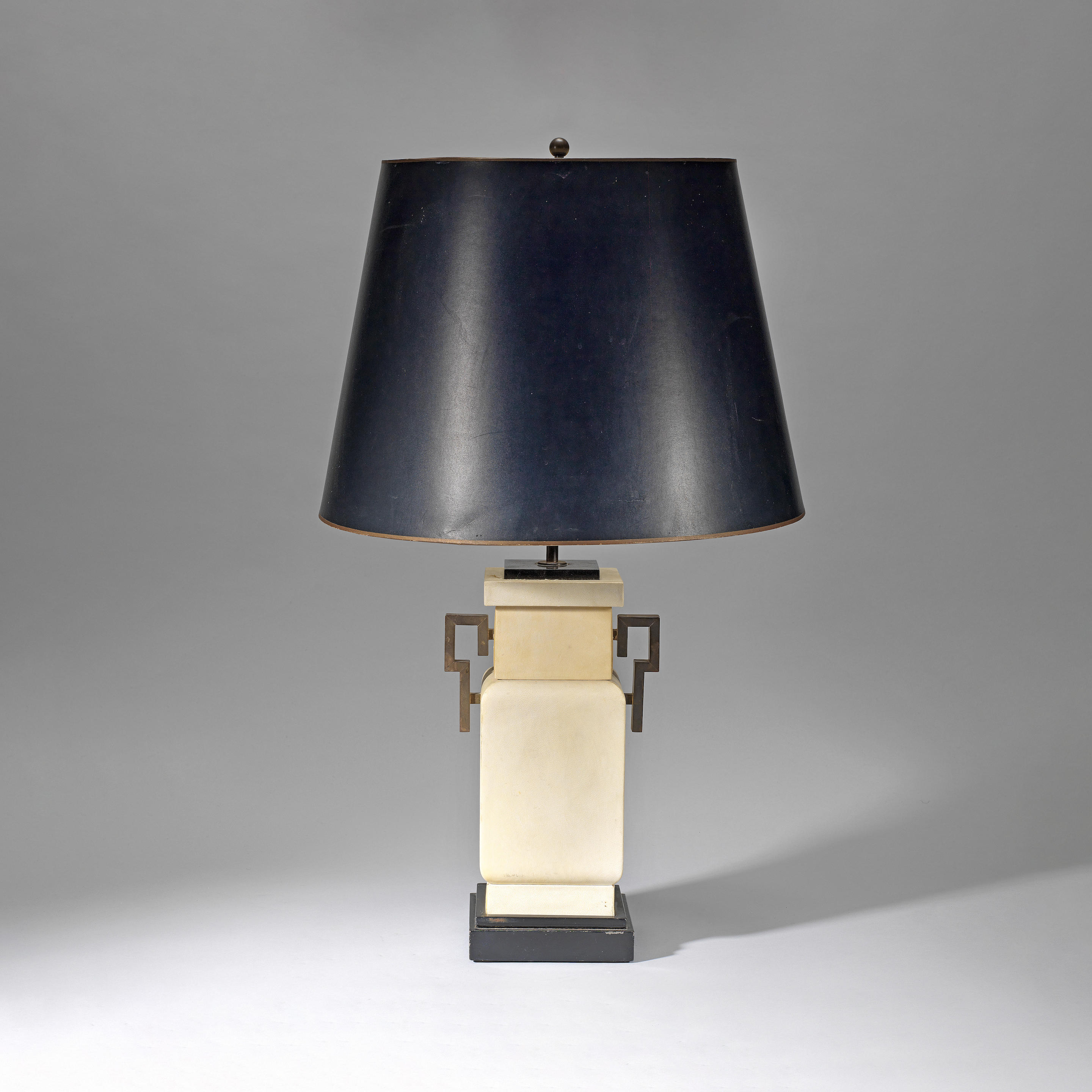 FRENCH Table lamp 20th century Parchment covered wood base ebonised