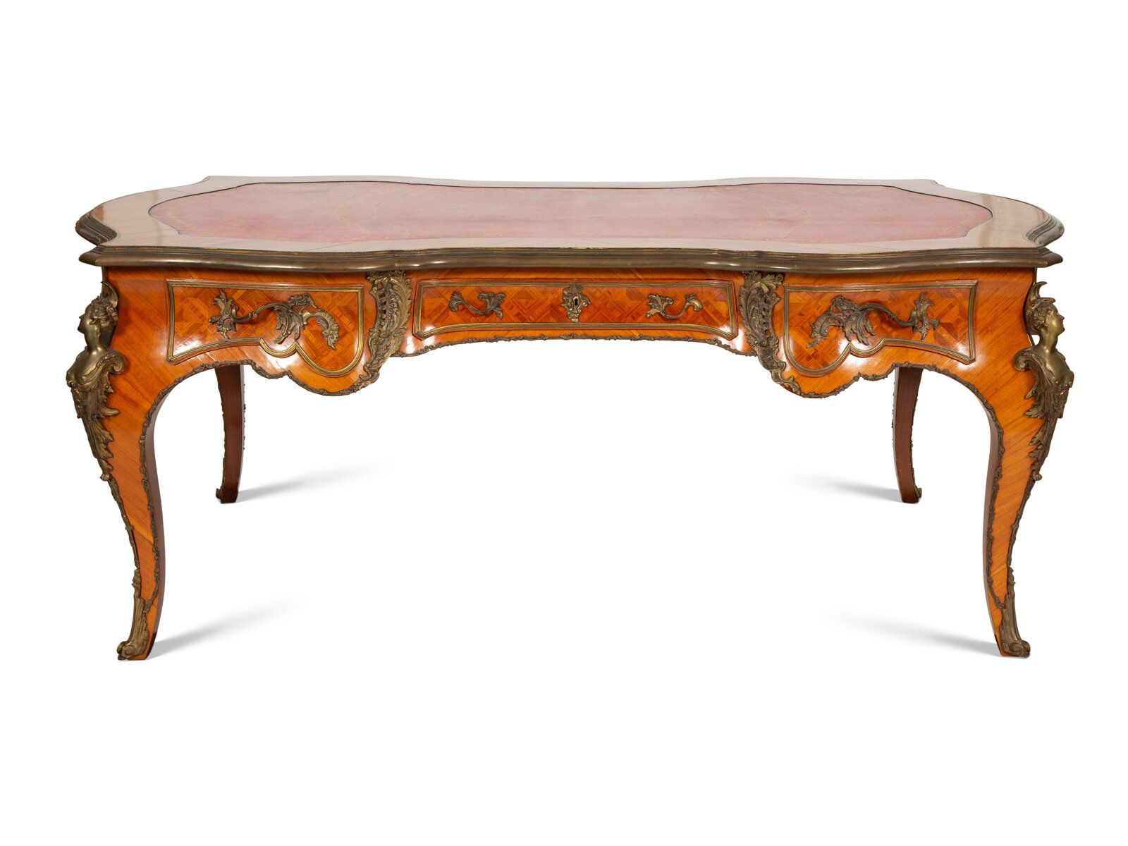 A Louis XV Style Gilt Bronze Mounted Parquetry Bureau Plat