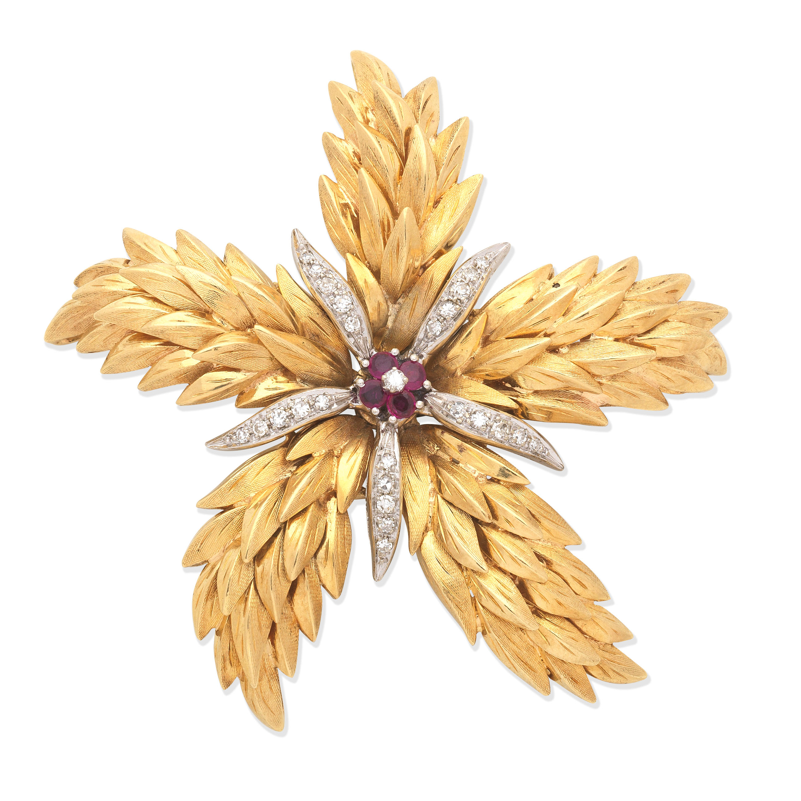 TIFFANY RUBY AND DIAMOND BROOCH PENDANT Of foliate design set