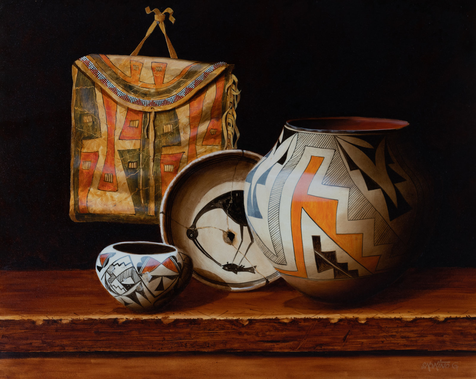 Chuck Sabatino American b 1935 Mimbres Stork and Fish oil